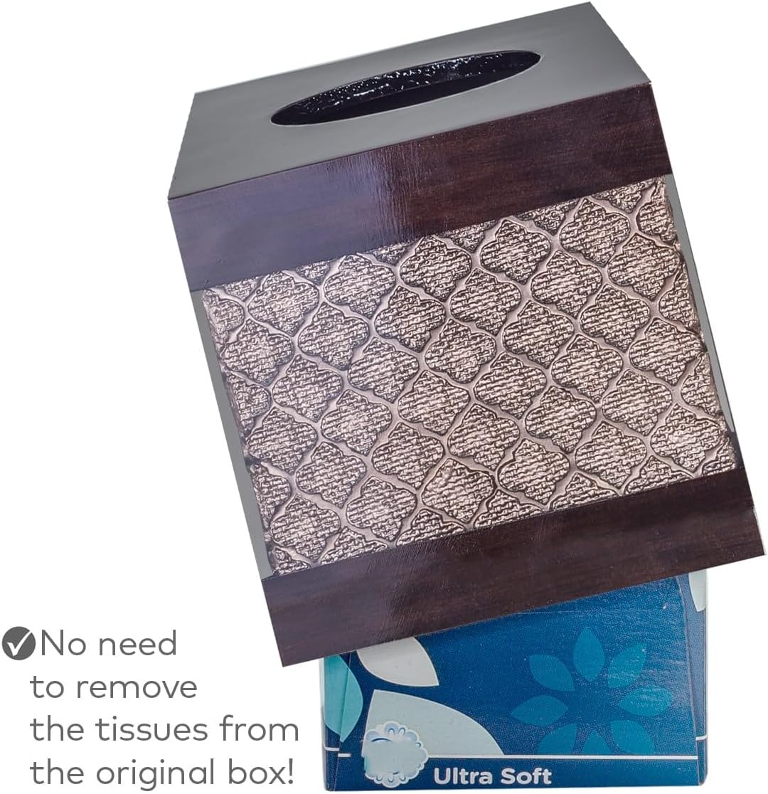 Dahlia Square Tissue Box Cover Square - Brown Tissue Box Holder Vessel - Decorative Tissue Holder for Bathroom - Elegant Brown Bathroom, Bedroom, Office Decor