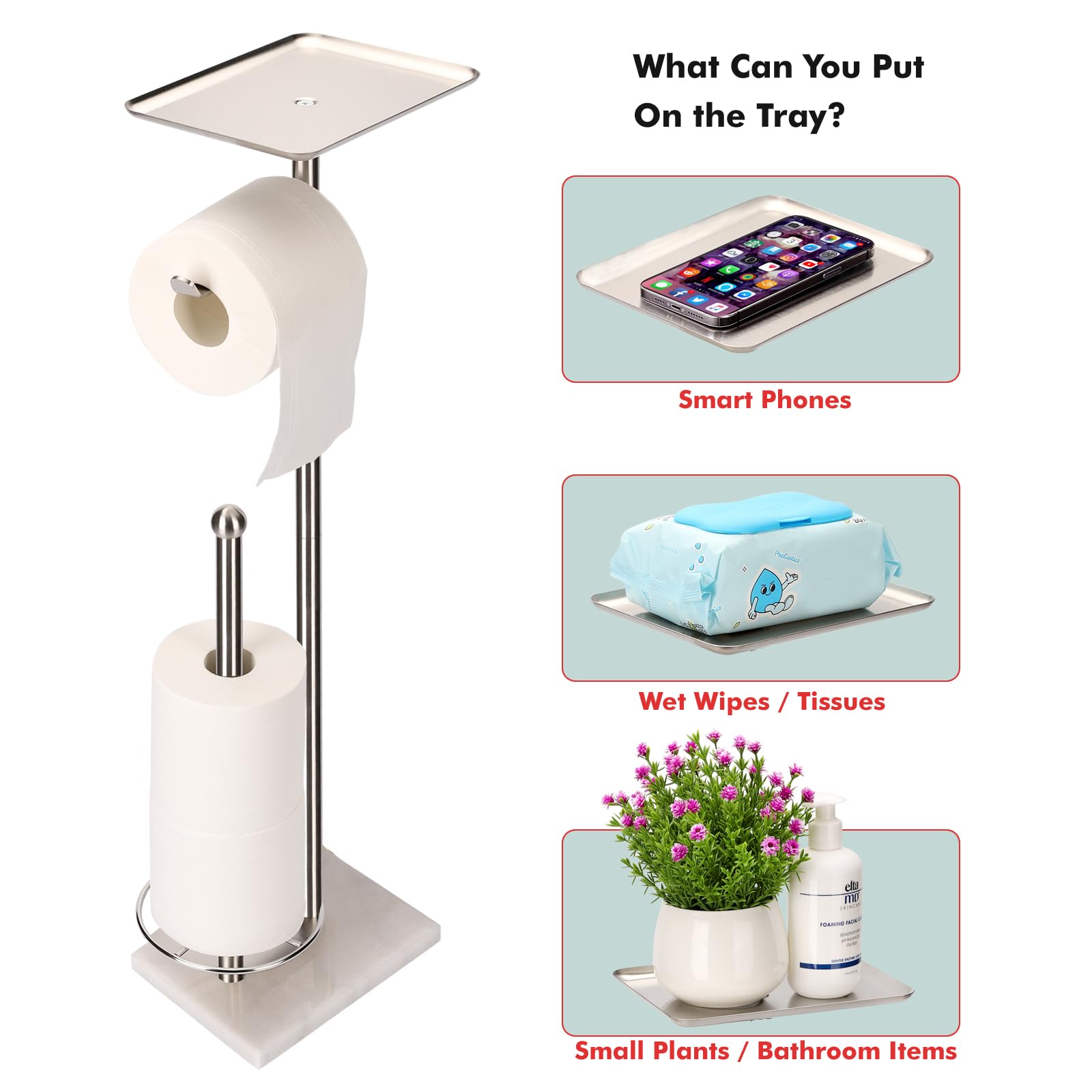 Toilet Paper Holder with Tray at The Top, Sturdy Marble Base No Wobby, Holding Extra 3 Toilet Paper Rolls As Spare Use, Freestanding No Drilling (Brushed Nickel) — Amazon image 3
