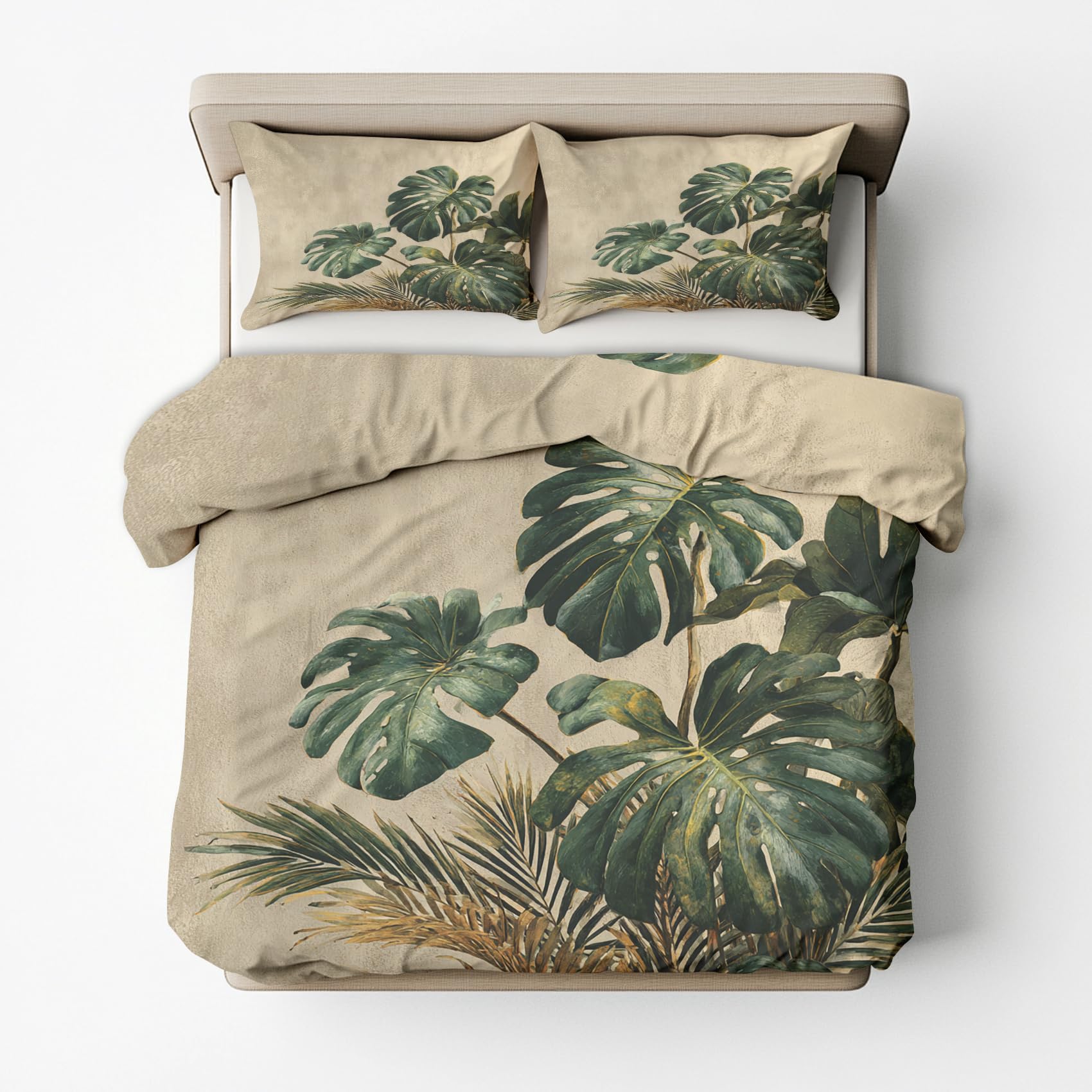 Monstera Bettwäsche 135x200 2er Set Mit Palmen Blätter Grün Muster, Bettbezug Set Bügelfreie Bettwäsche Mit Reißverschluss, Kissenbezug, Monstera Deko