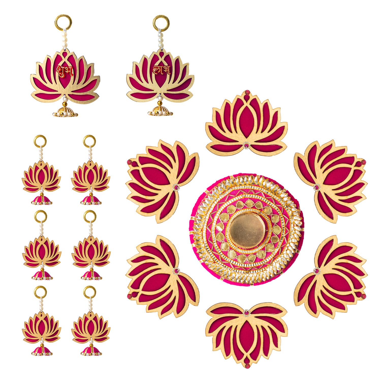 15 Pc Set Diwali Decorations for Home with 2 Pc Shubh Labh Wall/Door Hanging, 6 Pc Lotus Hangings, 7 Pc Lotus Rangoli with Tea Light Holder (Non Stick), Pooja Decor for Home, Diwali Gift, Party Favor