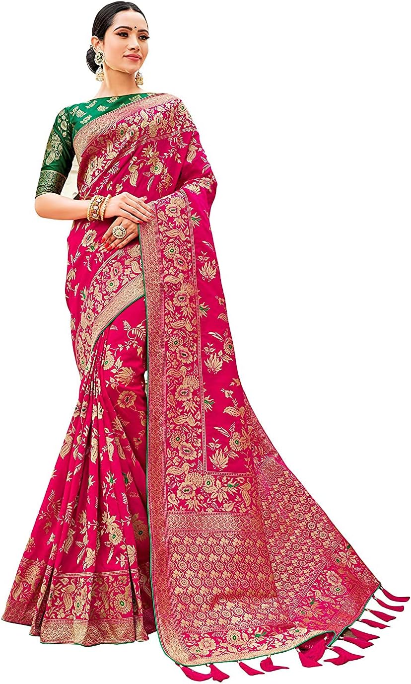 Monjolika Fashion Women’s Banarasi Silk Blend Woven Zari With Tussles Saree and Jacquard Woven Blouse Piece