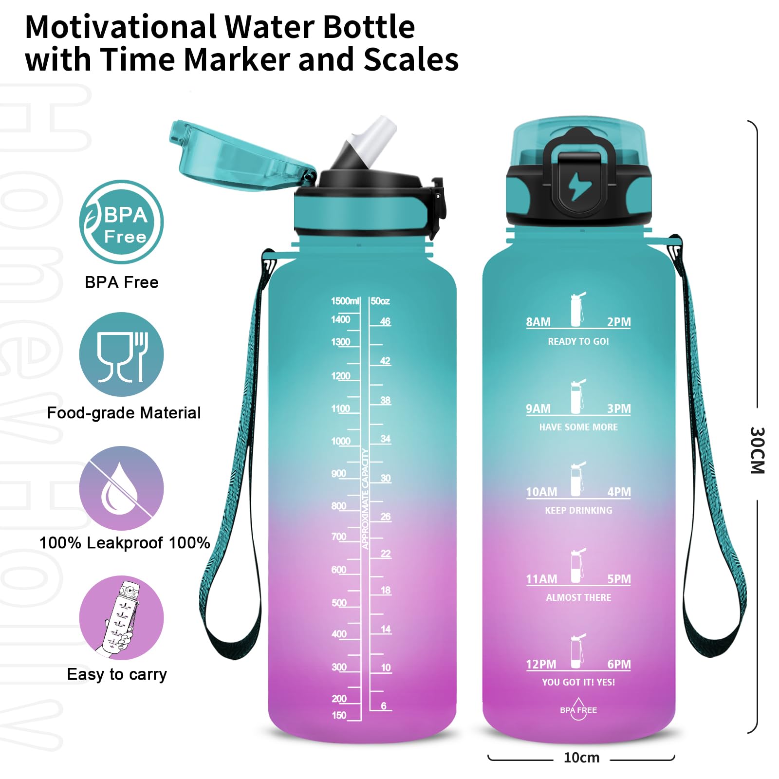 Grsta Borraccia - 1500ml - Borraccia Palestra senza BPA, Borraccia con Cannuccia, Borraccia Sportiva con Indicatore del Tempo Motivazionale, per Studio Fitness, Scuola, Ufficio - Nero Rosso
