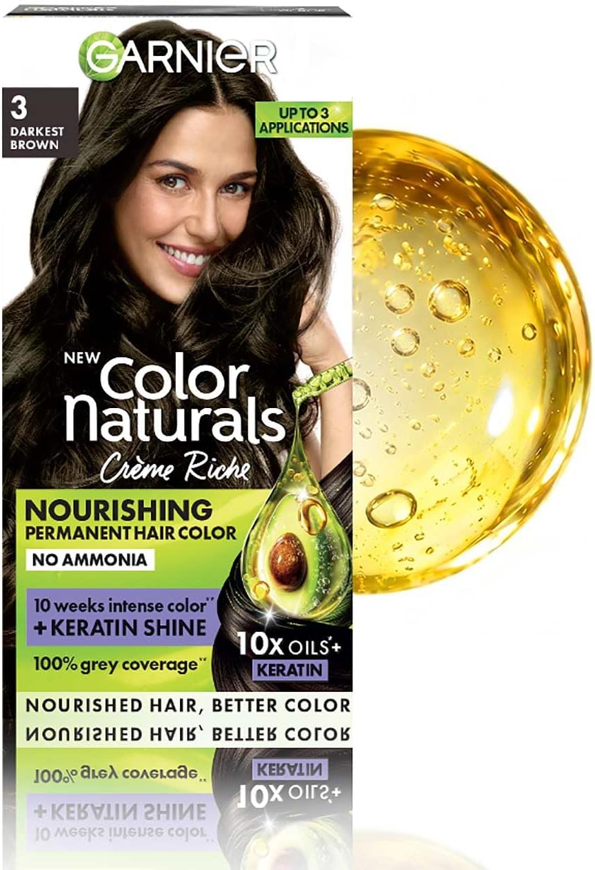 Garnier Color Naturals Darkest Brown Hair Color Shade 3 | Ammonia Free | Darkest Brown Hair Color With Keratin| No Ammonia | Keratin Serum | 100% Grey Coverage | Up to 10 Weeks