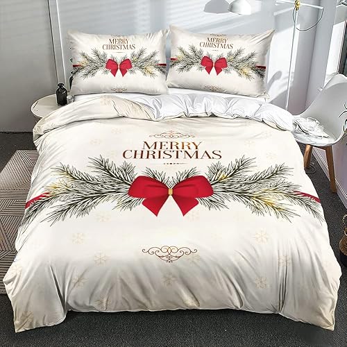 Miniatura 1 de Holiyjog Juego de funda de edredón de Navidad 3D, fundas de edredón y fundas de almohada con patrón de lazo rojo, juegos de ropa de cama de color