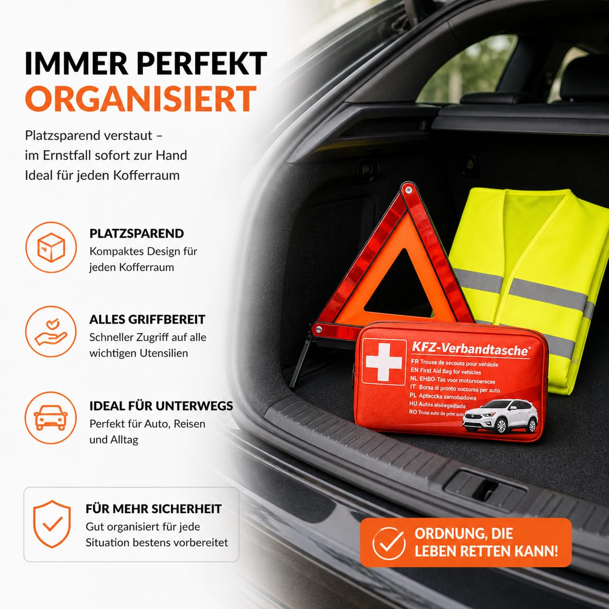 Kit di 3 kit di emergenza per auto, kit di emergenza, gilet di sicurezza, triangolo di segnalazione, kit di risoluzione dei problemi e accessori in caso di incidente per auto