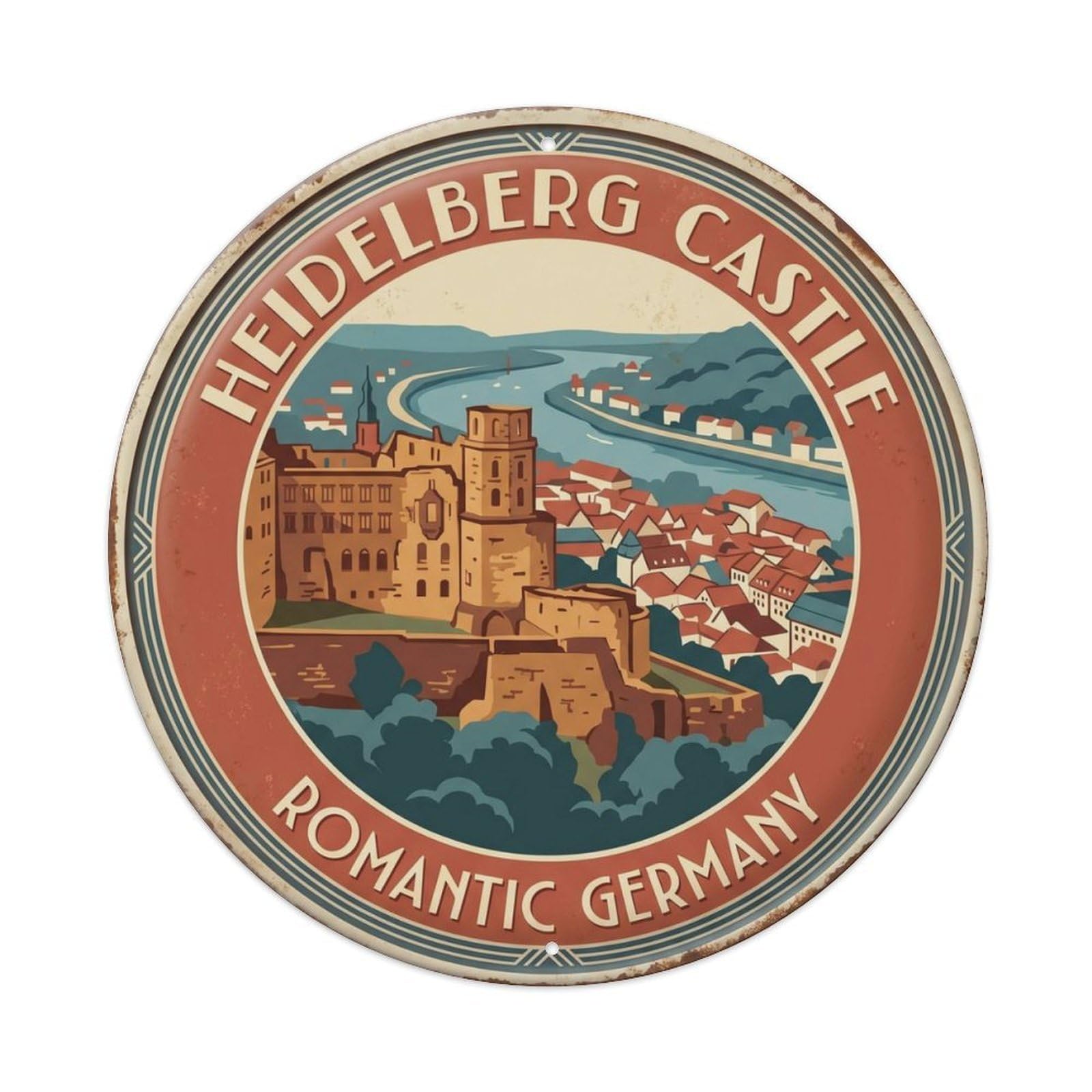 Heidelberg Castle Romantic Germany Ruin Metal Tin Sign Plaque Wall Decor for Cafe, Club Bar, Office, Home Garden Round Metal Poster 8x8Inch