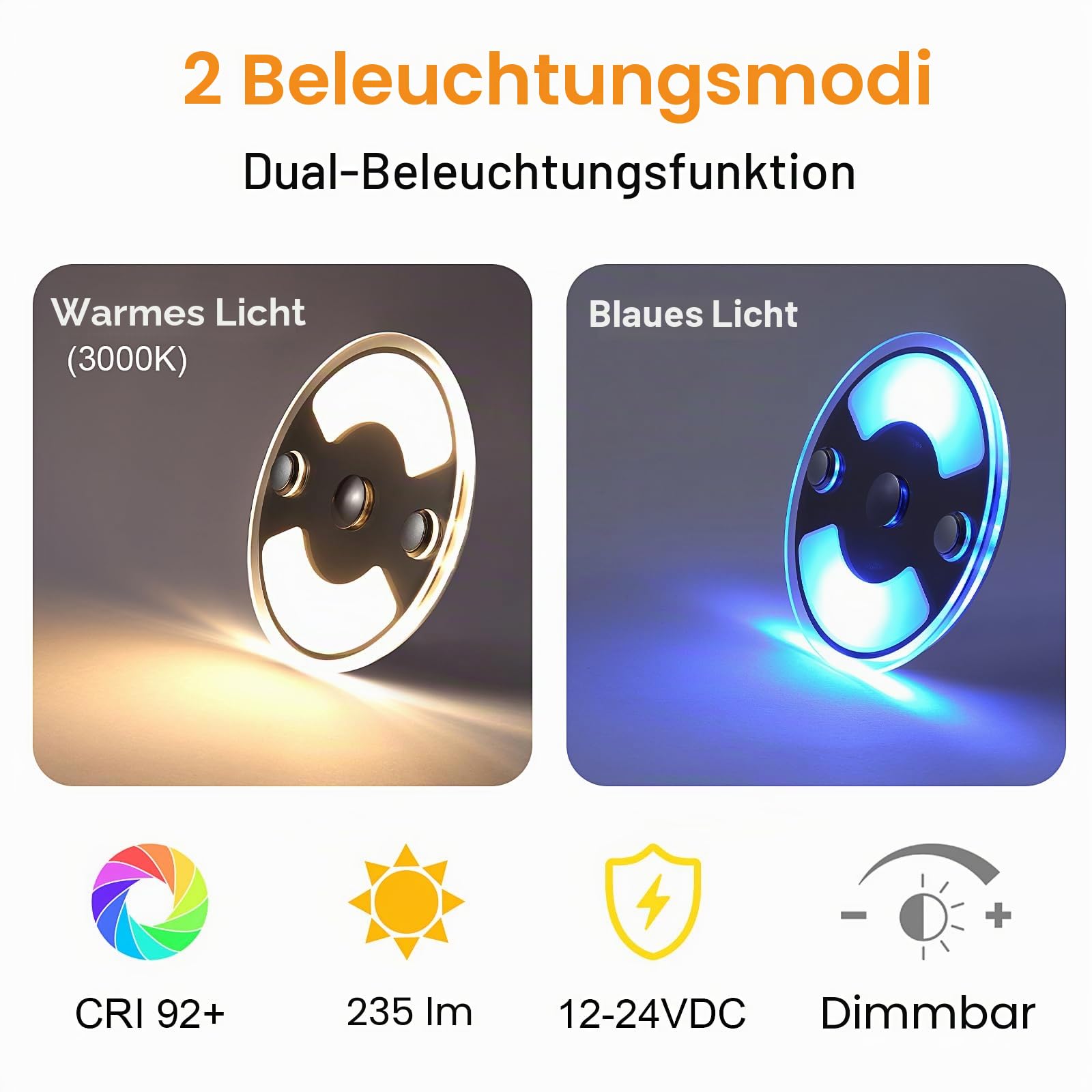 4 x 12V LED Deckenleuchte Wohnmobil Flach Dimmbar Panel Rund Leuchte 75mm 235LM mit Touch Schalter Aufbauleuchte, für Camper Boot Wohnwagen Yacht Auto, Zwei Farbe(3000K/Blau)