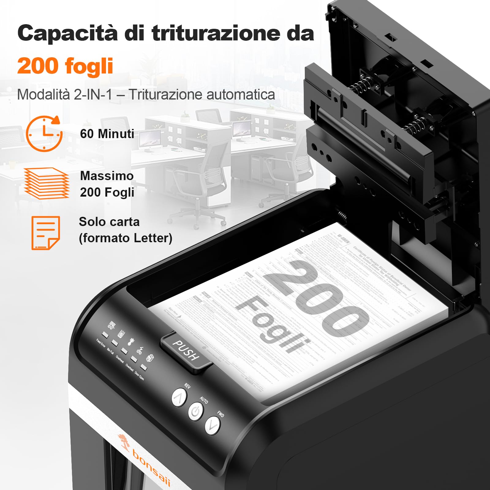 Bonsaii Distruggi documenti con Alimentazione Automatica da 200 Fogli, 60 Minuti di Funzionamento Continuo, Taglio a Frammento P-4, Cestino da 31L, Silenzioso e Ideale per Ufficio, C283-A