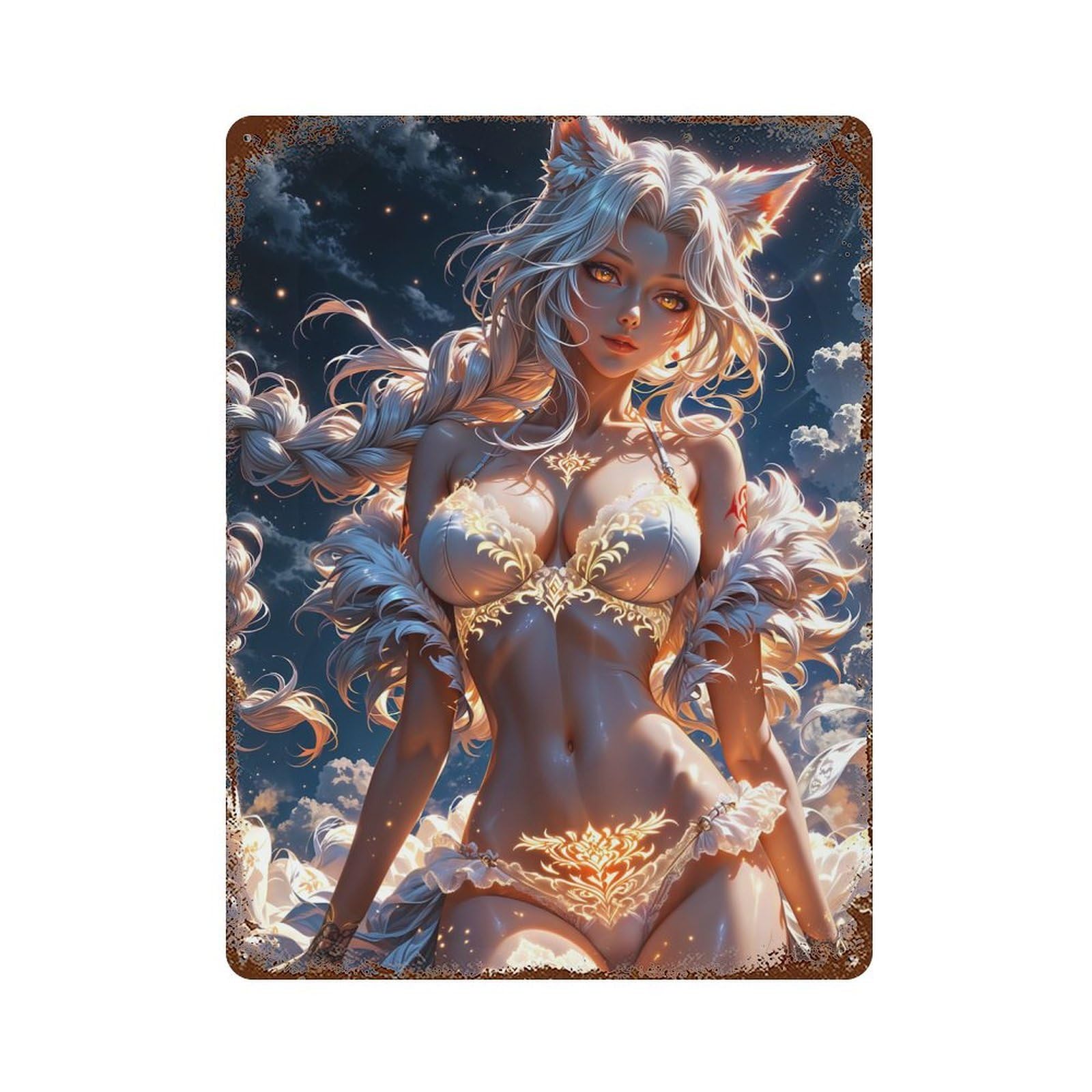 Tattooed Fox Girl 15.7"x11.8" Distressed Metal Wall Sign, Retro Wall Decor for Garage, Bar And Workshop Decor