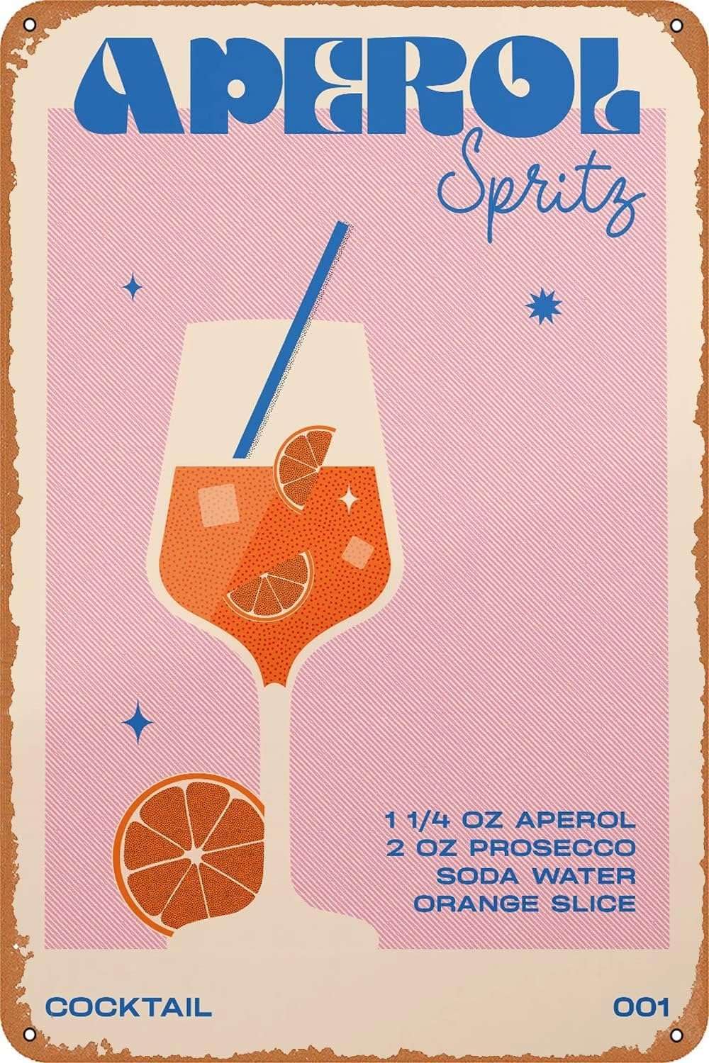 Retro Cocktail Aperol Spritz Metal Sign Wall Art Pub Bar Home Decor Tin Signs Print 8inch*12inch