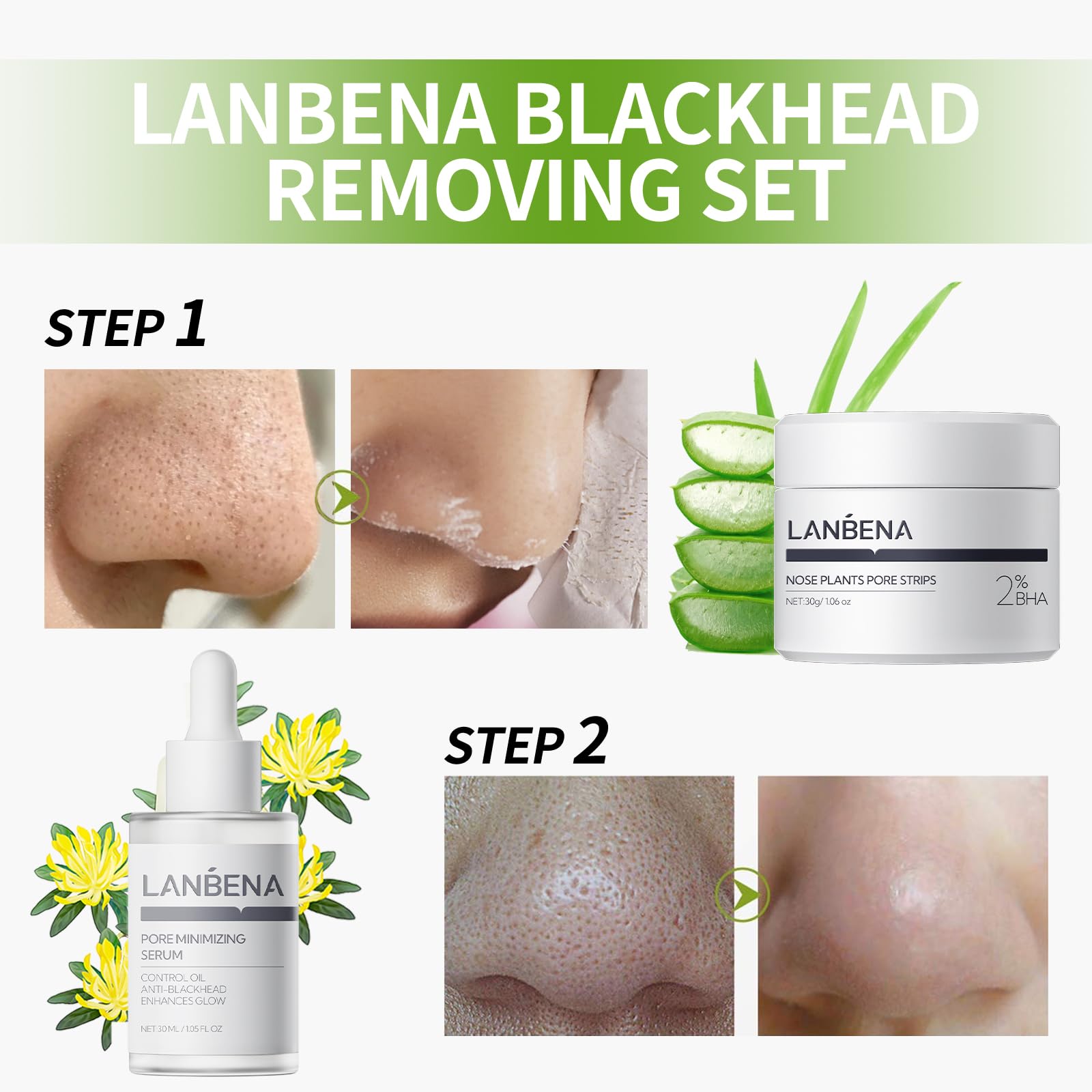 LANBENA Kit 3 en 1 para eliminar puntos negros, 30 g, serum para poros de 30 ml + tiras de papel para eliminar puntos negros, minimizador