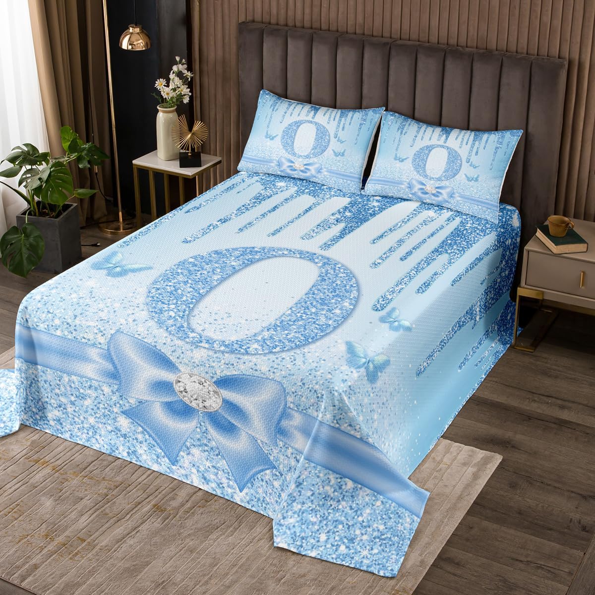 Erosebridal Personalized Initial P Quilt Set Queen Blue Princess Alphabet Letter Bedspread Dreamy Glitter Bowknot Monogrammed Coverlet Set,Sequins Fluid Art Bedroom Decor Bedding Quilted