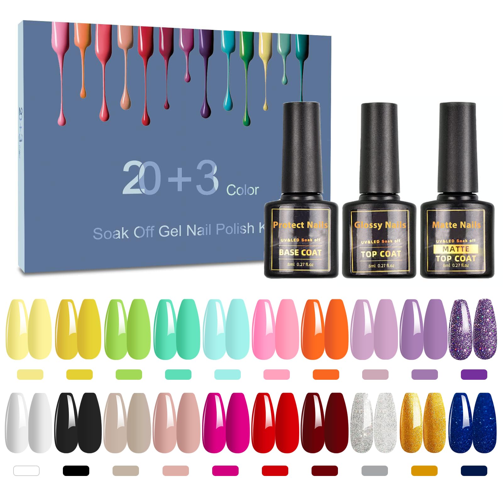23 Pcs Esmalte Semipermanente, SHOWNAIL 20 Color Pintauñas Semipermanentes Remojo con Base, Top Coat Brillante y Mate, Set Esmalte de Uñas Semipermanentes con Desnudo Blanco Negro, 8ml