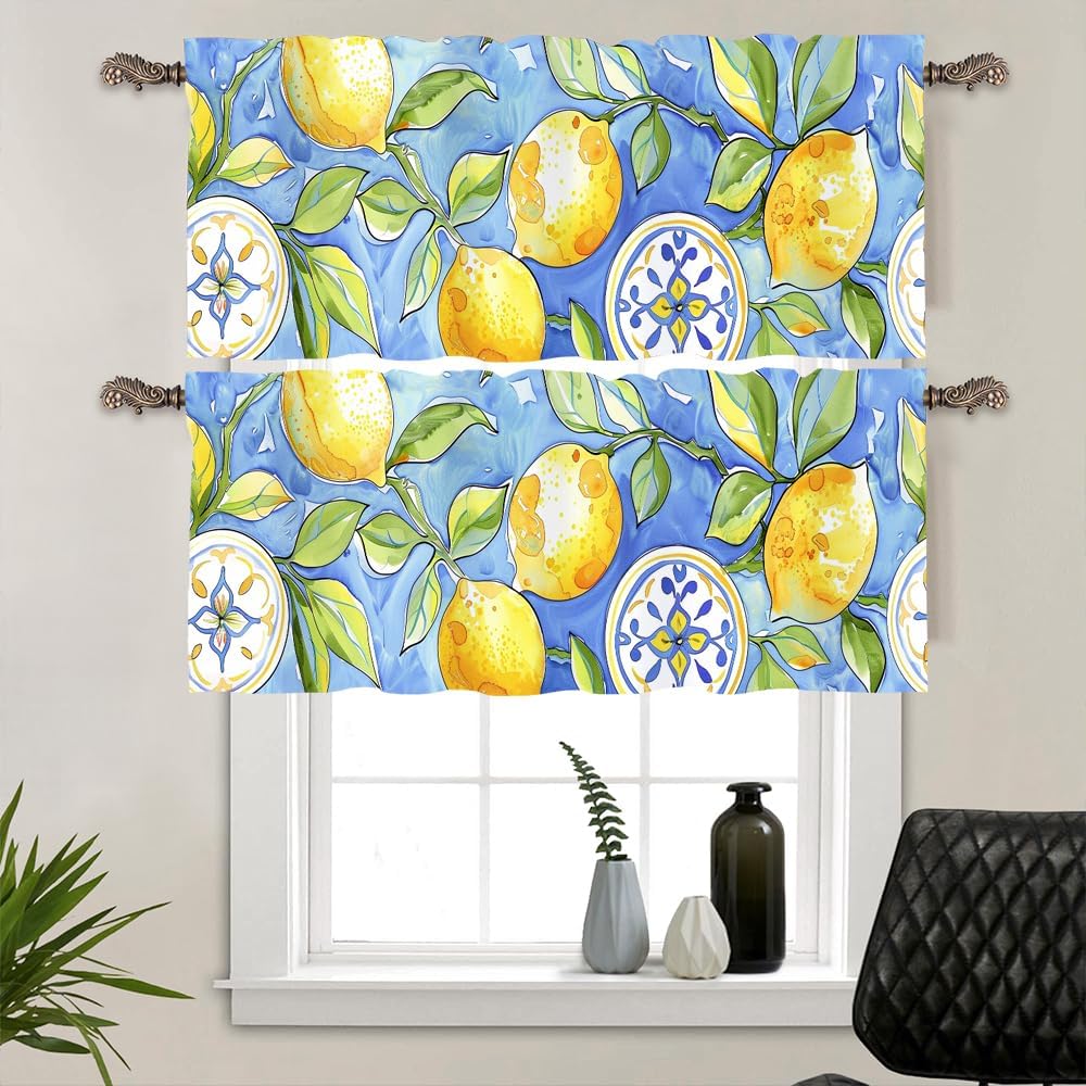 2 Panel Abstract Floral Lemon Watercolor Window Valances, Leaf Fruit Nature Window Treatment Decor Curtains Rod Pocket Valances for Kitchen/Living Room, 54" X 18"