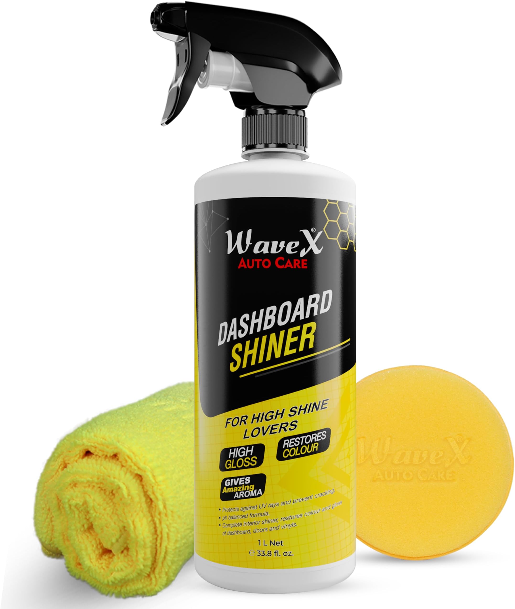 Wavex Dashboard Shiner (1L) Car Dashboard Polish | Car Polish Spray for Interior Plastic, Leather, Vinyl & Rubber | Dashboard Polish for High Shine & Protection | Includes Cloth & Foam Applicator