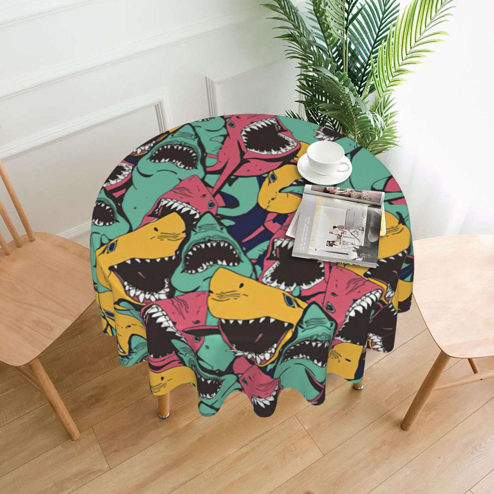 Uusnwaa Shark Pattern Print Round Tablecloth 60 Inch, Stain Wrinkle Resistant Washable Polyester Table Cover For Kitchen Party