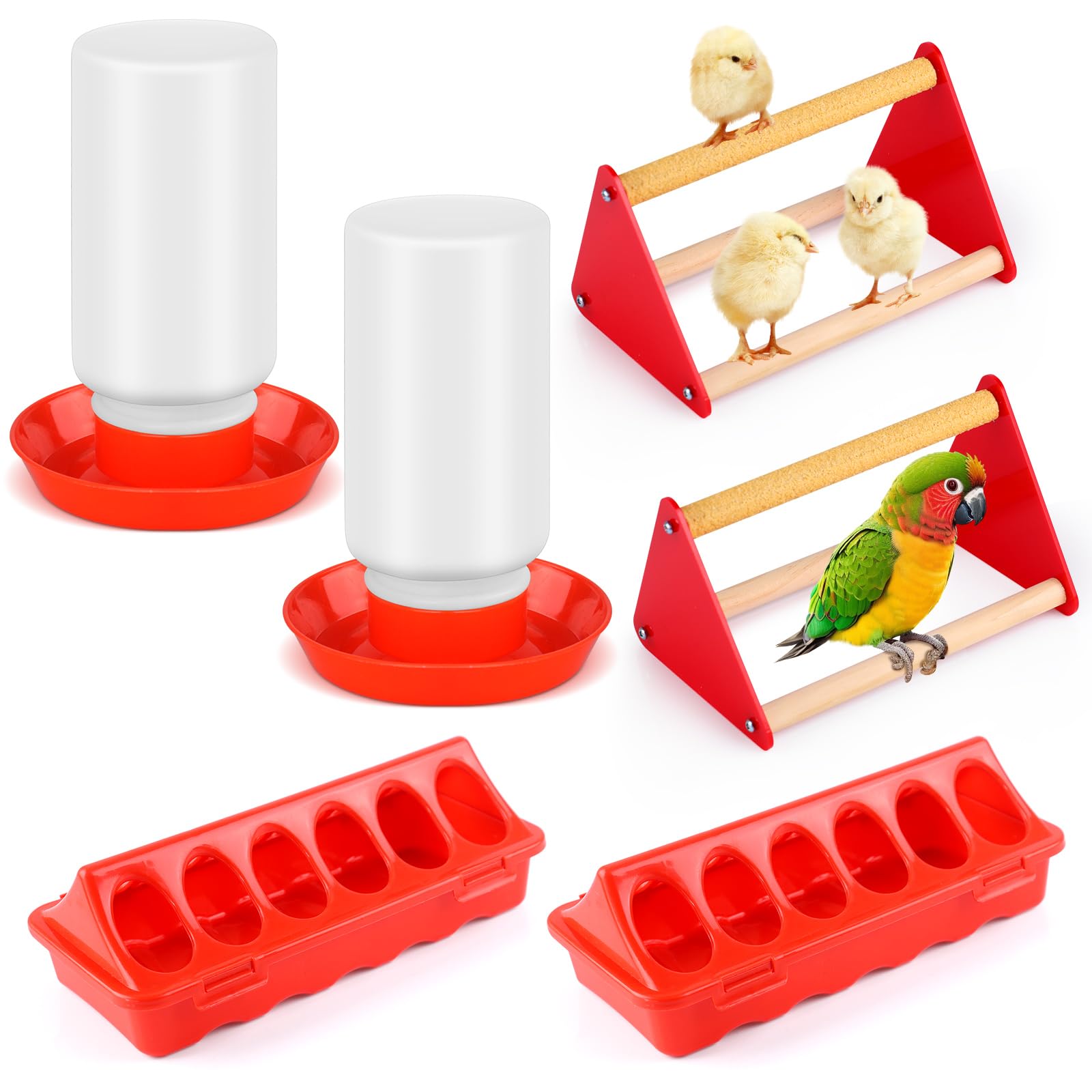 Juego de 6 comederos y bebederos para pollitos con percha para pollitos, 2 bebedores automáticos de pollos, 2 comederos de aves de corral con tapa abatible, 2 kits de iniciación para gallinero y