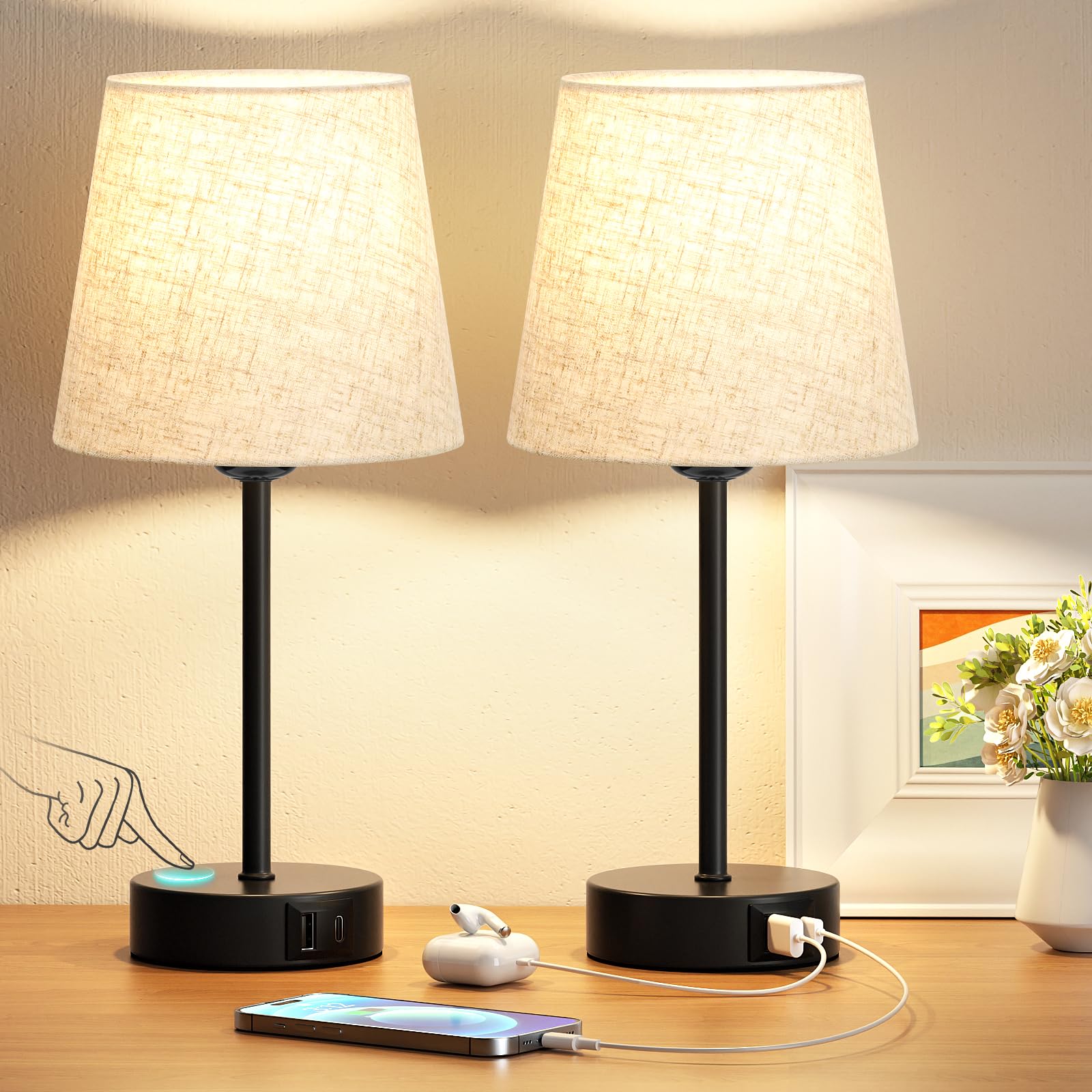 PreeOtti Nachttischlampe Touch Dimmbar 2er Set, Tischlampe mit Ladefunktion USB A+C-Anschlüssen 2 LED Birnen, Leinen-Lampenschirm, Kleine Lampe für Schlafzimmer Wohnzimmer Babyzimmer Büro
