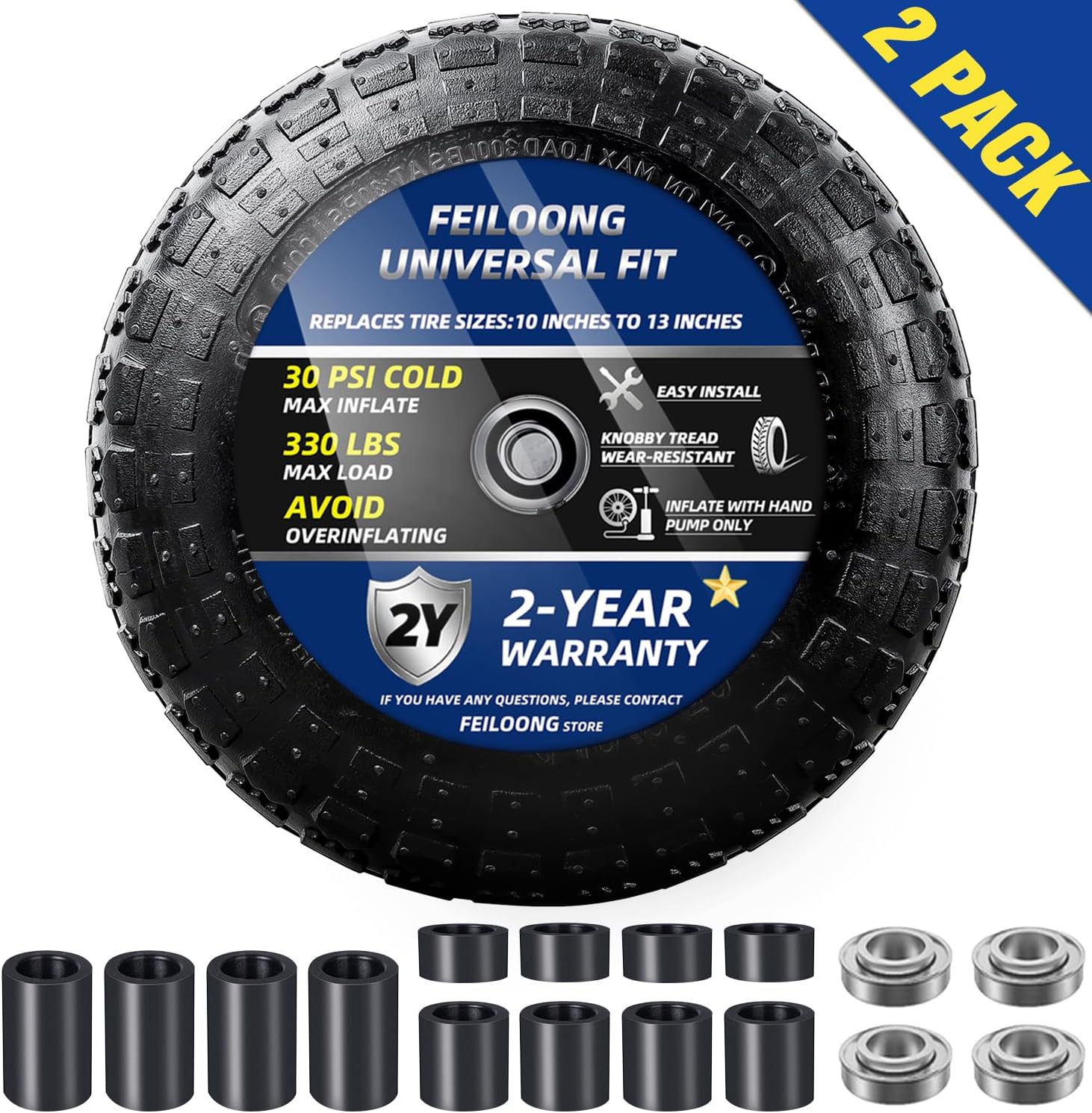 4.00-6 Pneumatic Tire and Wheel, 13 Inch Wheelbarrow Tires 5/8" Bearings or Extra 3/4" Bearings Replacement for Wheel Barrow, Hand Truck, Garden Carts, Includes Adapter Kit (2Pack)