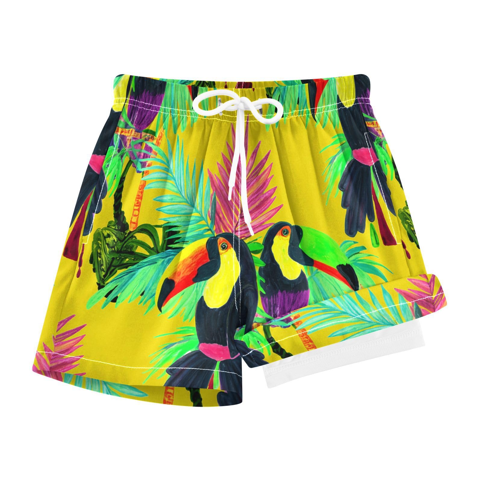YANENDIE Boy Swim Trunks with Compression Liner Tropical Birds Palms Boys Swim Shorts Quick Dry Beach Shorts