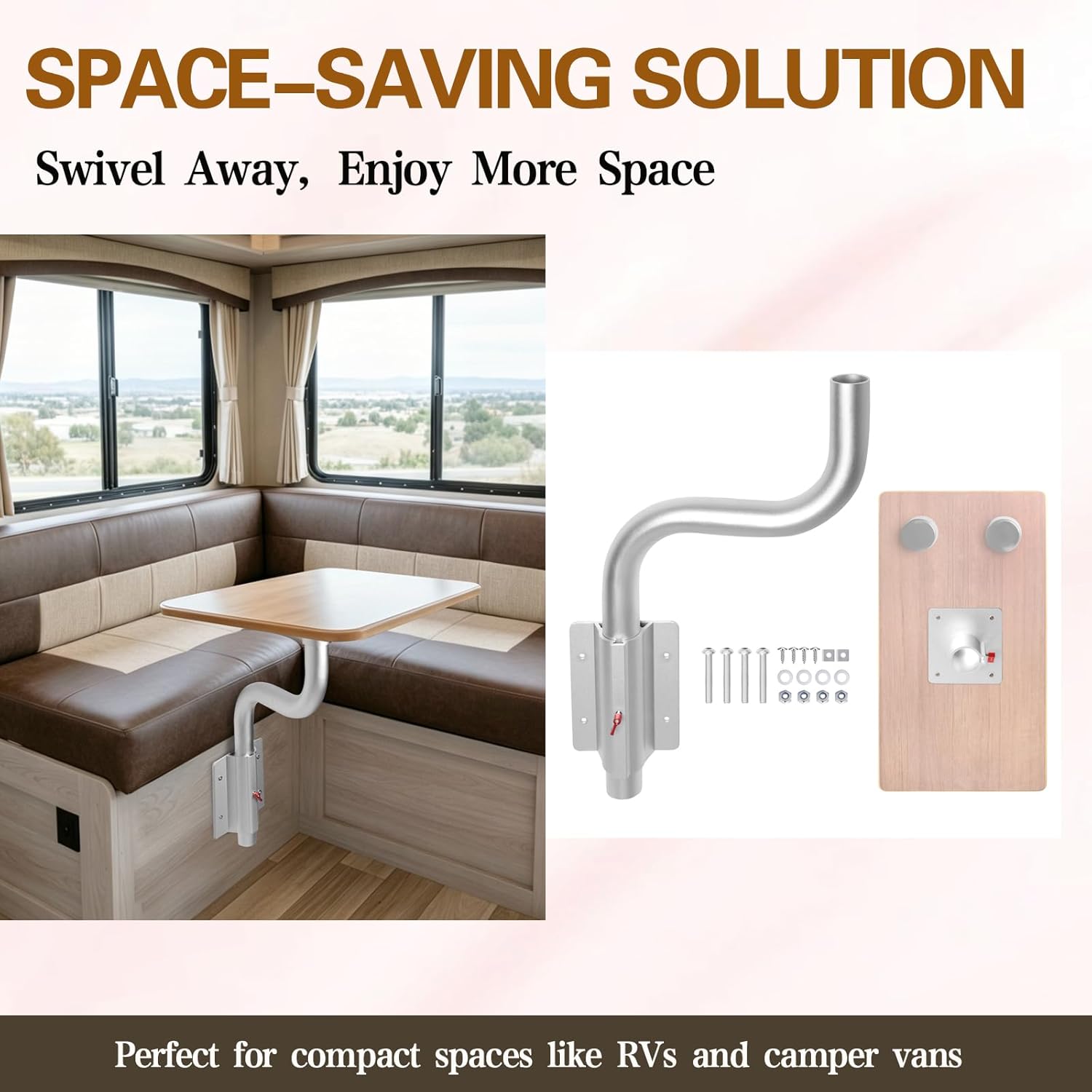 Adjustable RV Table Mount Swing Arm, Heavy Duty Aluminum Pedestal for Camper Van & Marine, 360° Swivel Quick-Release Space-Saving Table System (Silver)