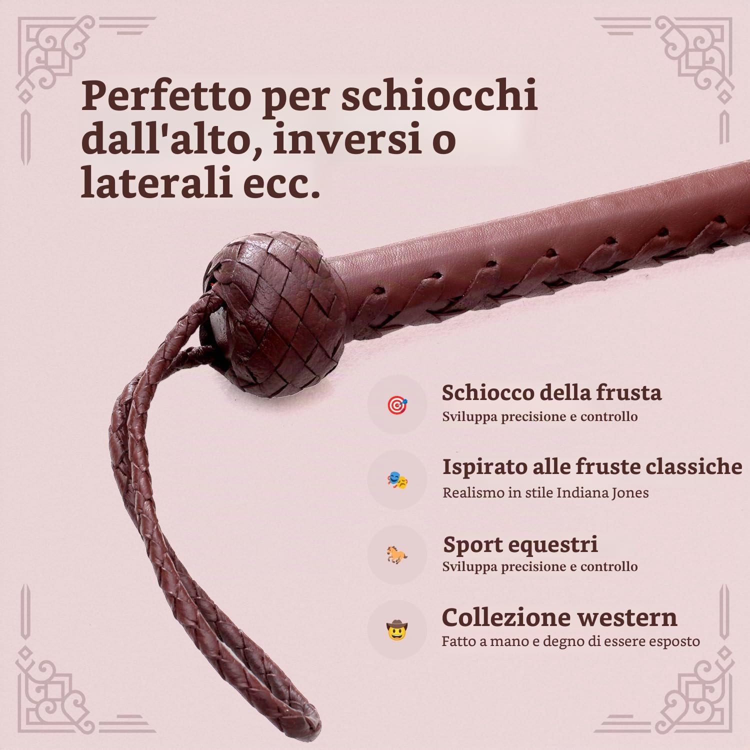 Indiana Jones Style - Frustino in Vera Pelle Bovina, 1,8 m, 8 trecce Marrone Scuro