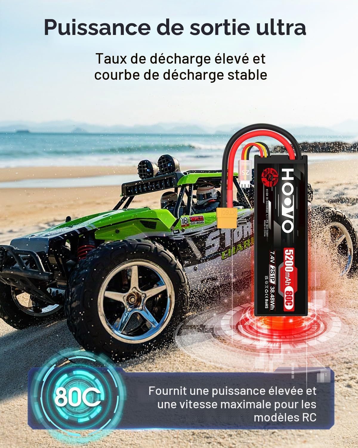 HOOVO 2S Batterie LiPo RC 7,4 V 5 200 mAh 80 C Étui Rigide avec connecteur XT60 Batterie de Rechange pour RC Car Truck Heli Avion Rock Crawler Avion Hélicoptère RC Car Truck Boot (2 Paquets)