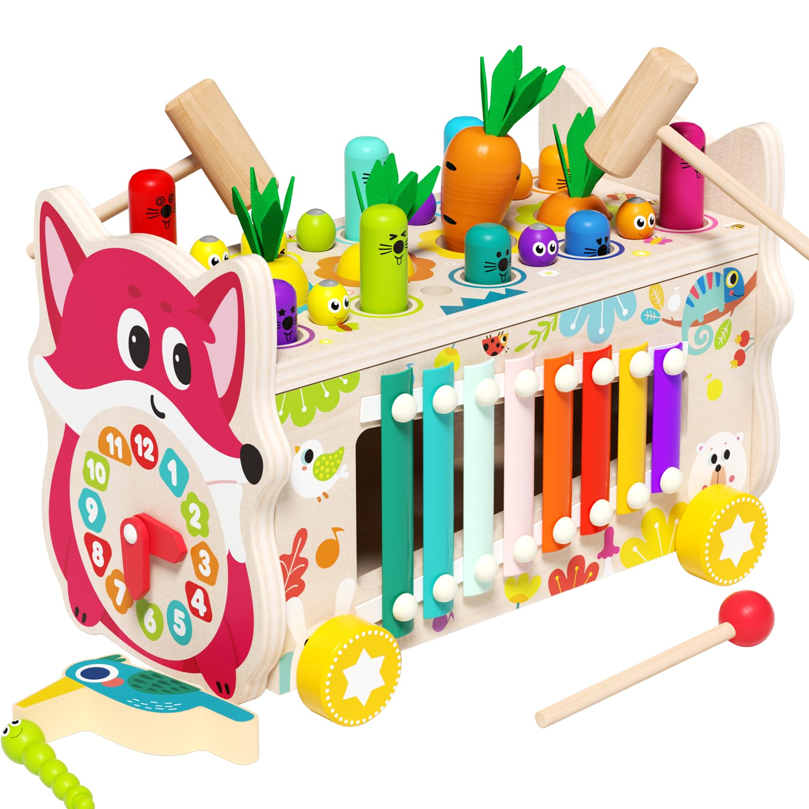 edutree 8 in 1 Wooden Montessori Toys for Toddlers 1 2 3, Whack a Mole Game Xylophone for Toddlers 1-3, Preschool Educational Activity for Baby Boys Girls