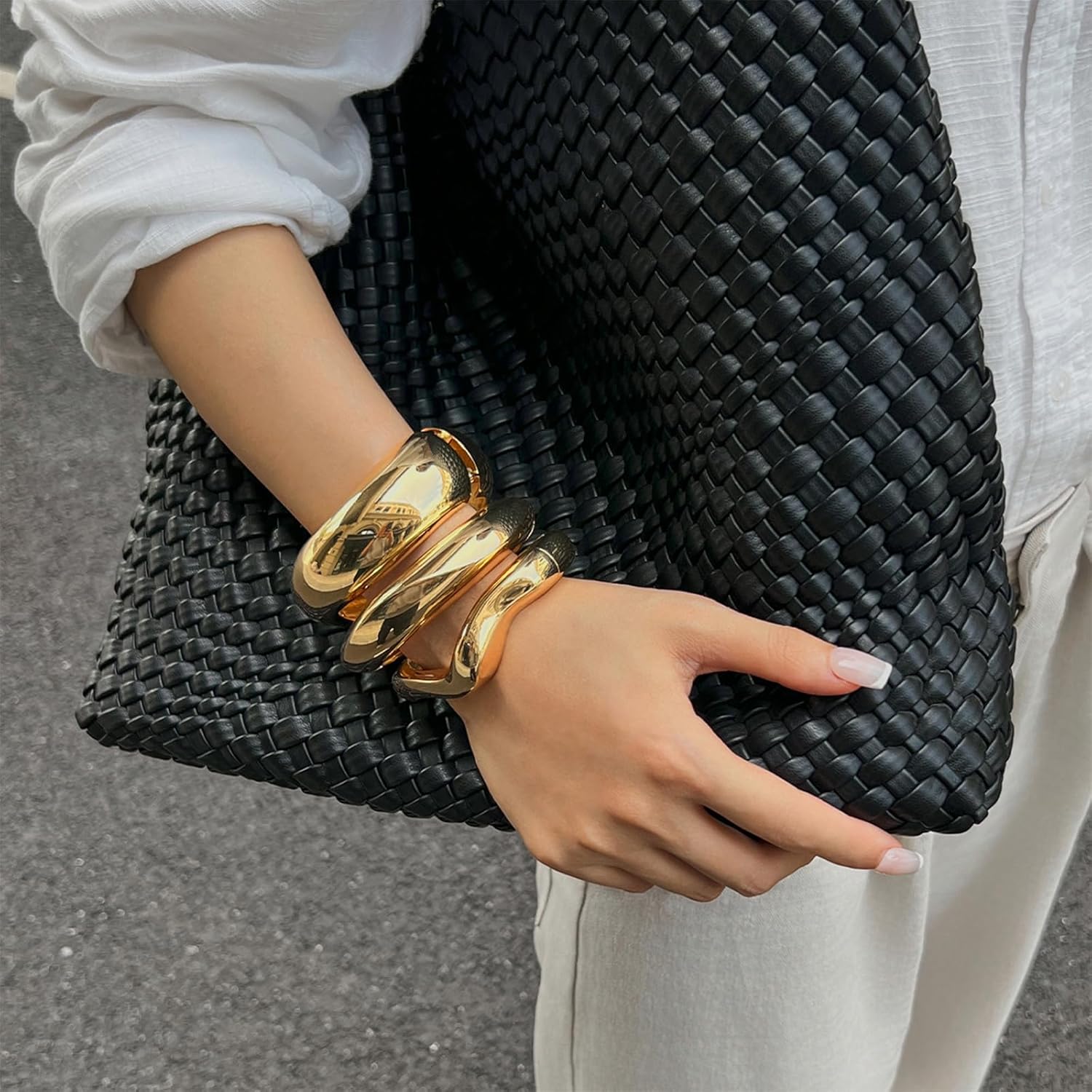 Salircon Gold Bangle Bracelets for Women Gold Wide Chunky Bracelets Trendy Hinged Cuff Open Chunky Bracelet Irregular Jewelry - Image 2