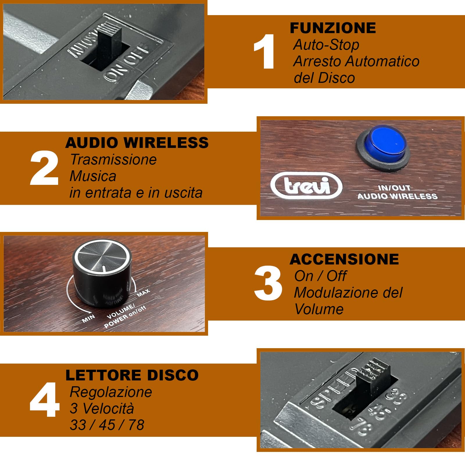 Trevi TT 1030 BT Giradischi con Mobile in Legno, Connessione Audio Wireless Entrata/Uscita, Lettore Vinili 33/45/78 Giri, Uscita RCA, Altoparlanti Incorporati
