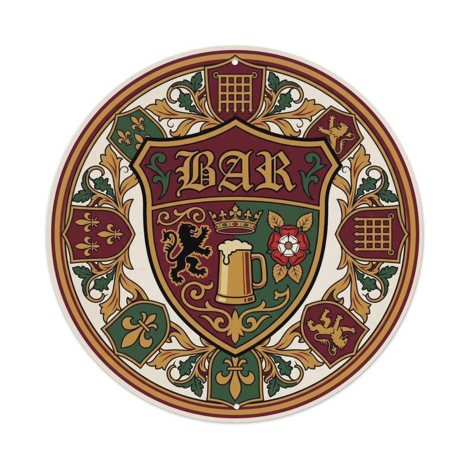 BAR English Pub Shield Metal Tin Sign Plaque Wall Decor for Cafe, Club Bar, Office, Home Garden Round Metal Poster 8x8Inch