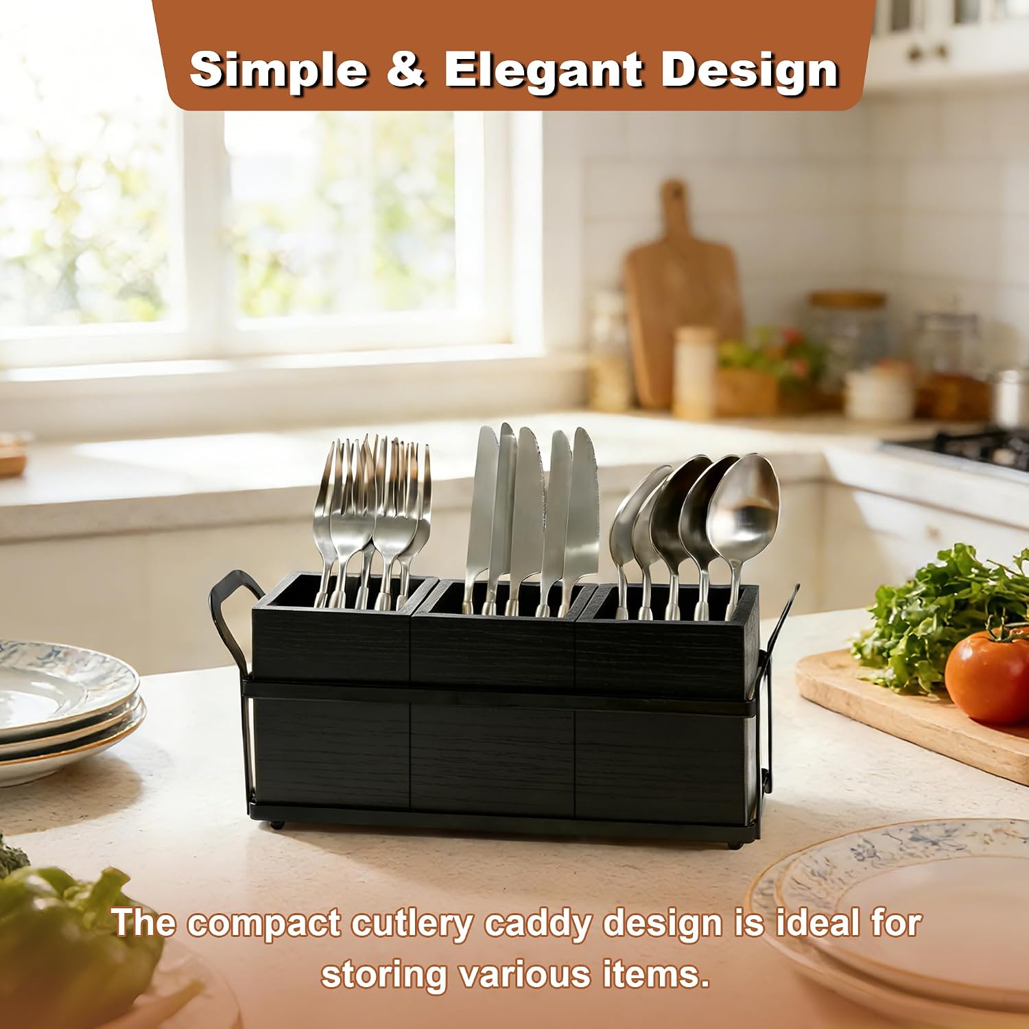 Kitchen Utensil Holder for Countertop, 3 Compartments Wooden Utensils Organizer for Cooking Utensils, Silverware, Spatula, Fork, Knife, Cutlery Storage for Kitchen Counter-Black