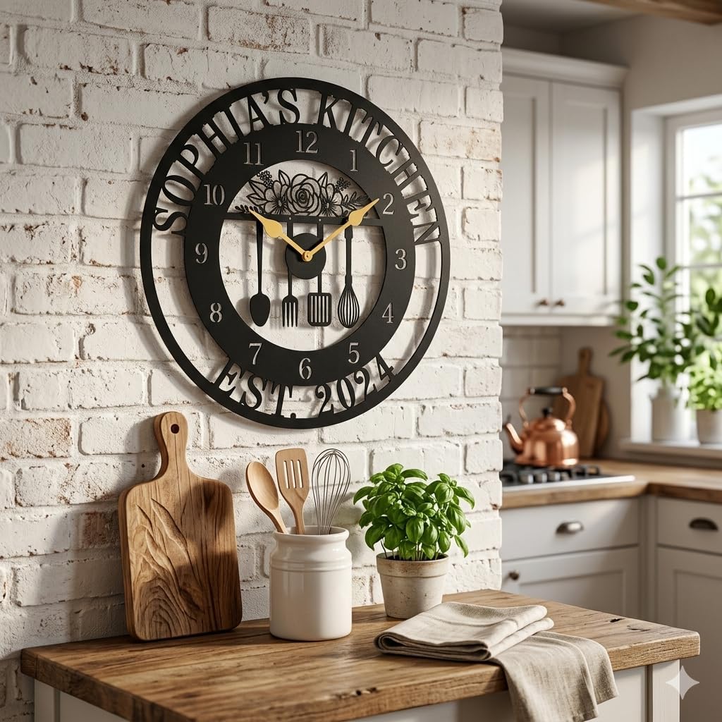 Personalized Kitchen Metal Clock,Custom Name Letter Round Wall Clock,Personalized Family Clock for Kitchen Living Room Bathroom Christmas Housewarming Gifts(12×12 inch)