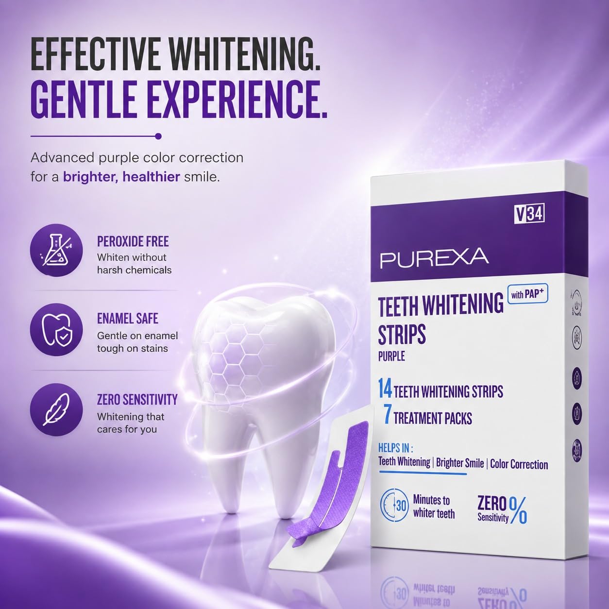 Purexa V34 Teeth Whitening Strips with PAP+ (Pack of 1) – 7 Strips for 14 Applications | Enamel-Safe & Sensitivity-Friendly | Removes Tea, Coffee & Smoking Stains | Suitable for Men & Women 4