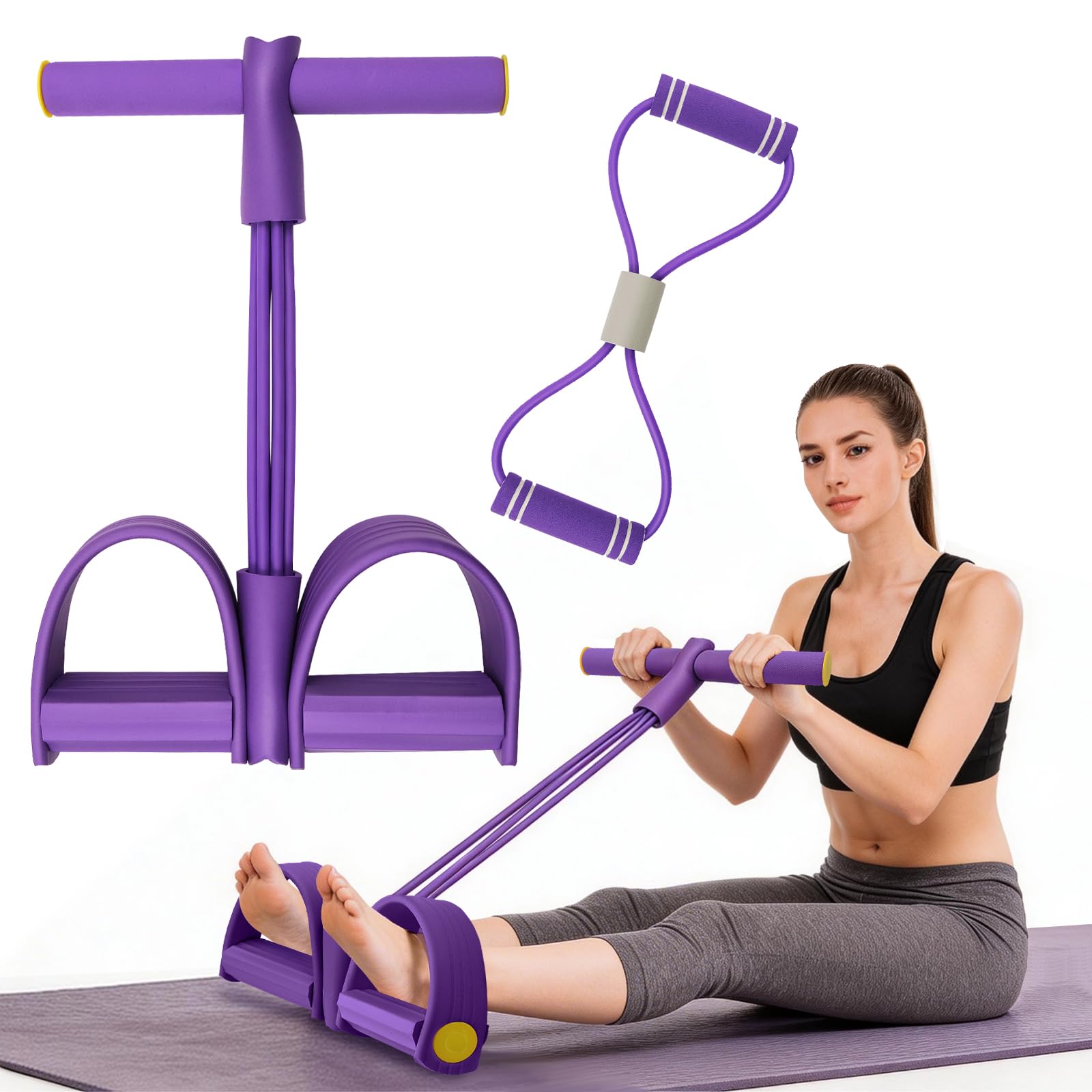 Foot Pedal Resistance Band with Handle, 6 Tube Multifunction Tension Rope and Figure 8 Resistance Band for Abdomen Arm Leg Full Body Training Home Gym Equipment (Purple)
