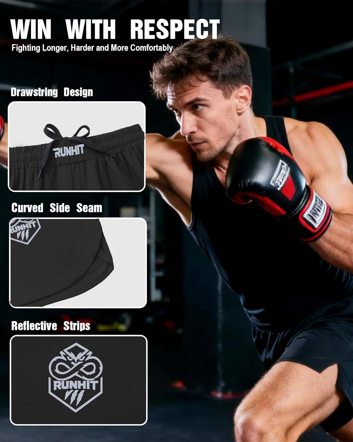 Runhit Men's BJJ Shorts – MMA Fight Shorts for Wrestling, Boxing, No Gi, Jiu Jitsu, Muay Thai, Training, Grappling, Fighting - Image 3