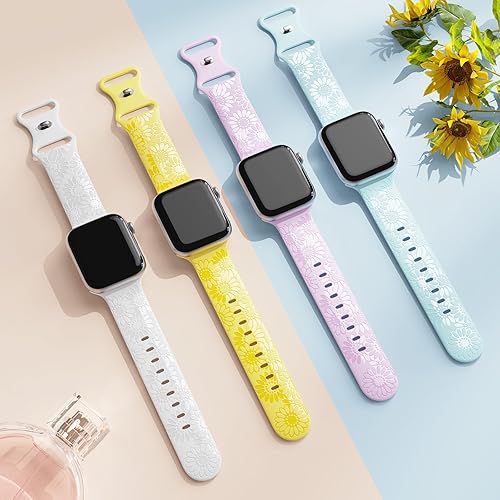 Miniatura 4 de Paquete de 4 correas grabadas de girasol compatibles con Apple Watch Band de 1.575 pulgadas, 1.614 pulgadas, 1.496 pulgadas, 1.654 pulgadas, 1.732