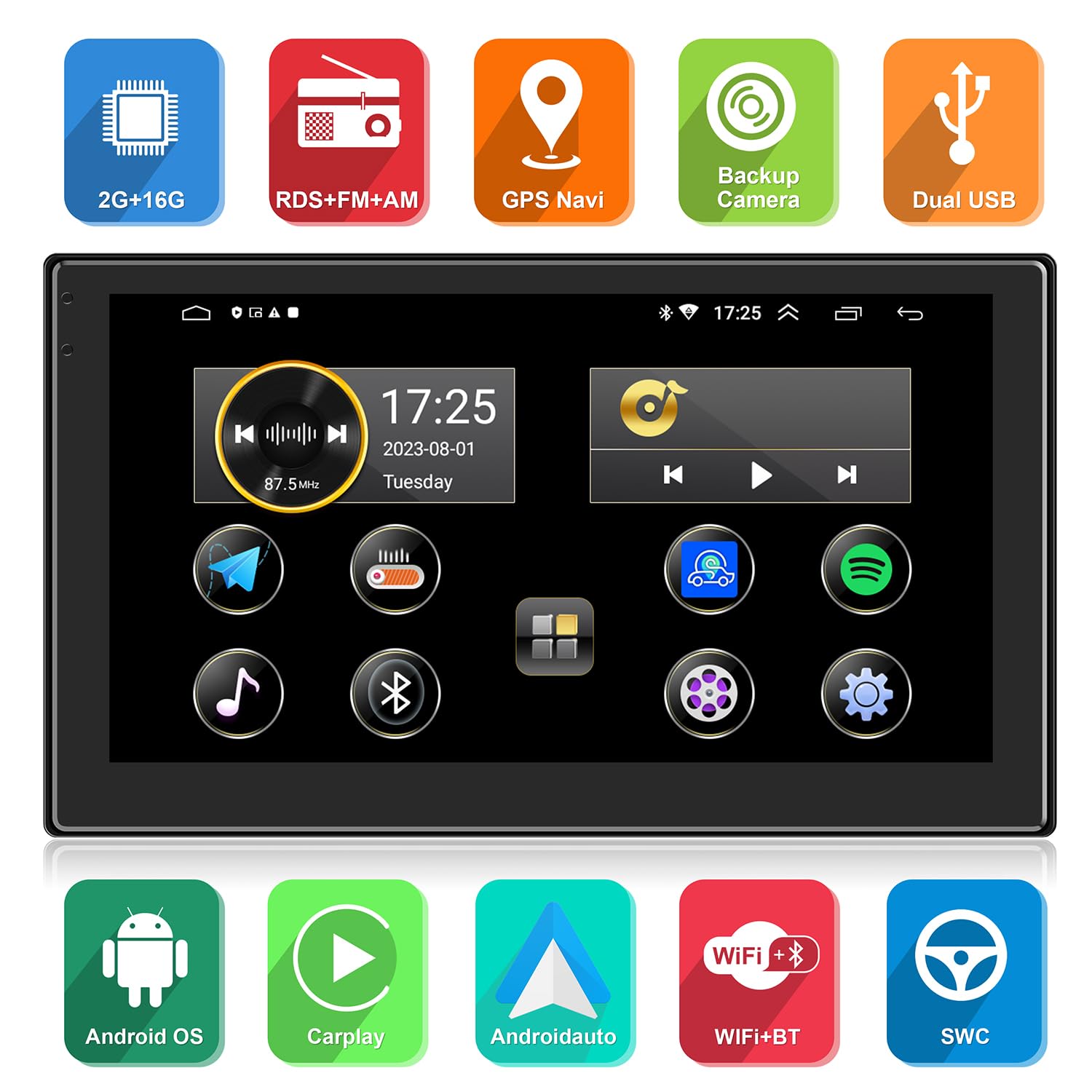 ANKEWAY Nuovo 7 Pollici [2G+32G] Android Autoradio 2 DIN con CarPlay+Android Auto+WiFi+Bluetooth+RDS/FM+GPS Nav+Backup Cam+Doppia USB+Mic, 1080P HD Touch Screen Sistema Multimediale per Auto