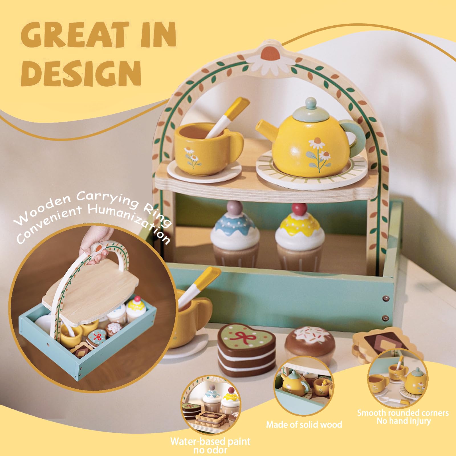 Masonbaby Wooden Tea Party Set for Little Girls,Kids Tea Set with Cookies & Cake Stand, Play Kitchen Accessories Wooden Pretend Play Food Toys for Girl Boy Birthday Gift