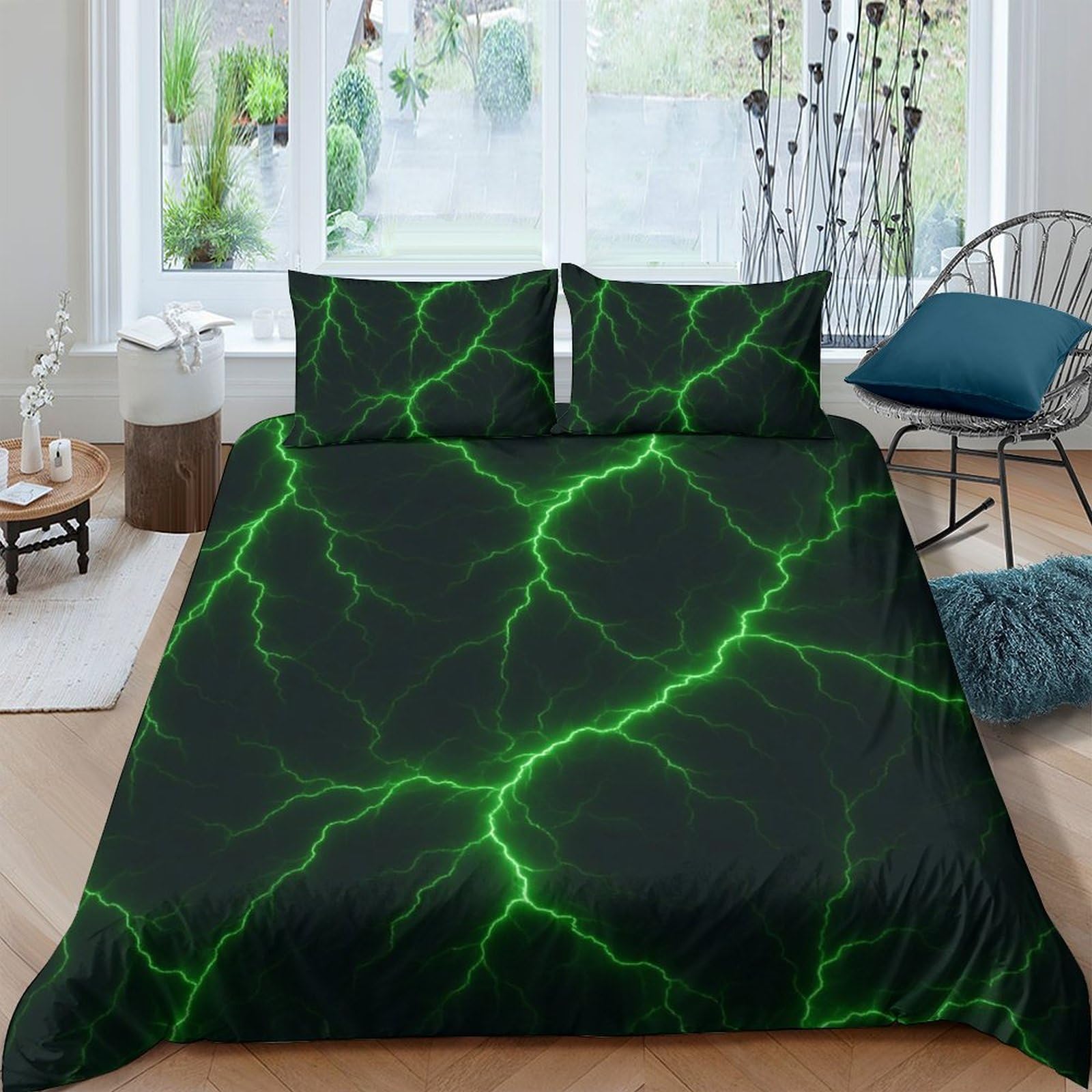 Ctjqhvkz Style-6 3D Printed Green Lightning Fitted Sheet Microfiber Soft Black Thunder Mattress Cover For Bedroom Dorm Decoration Single（135X200cm）