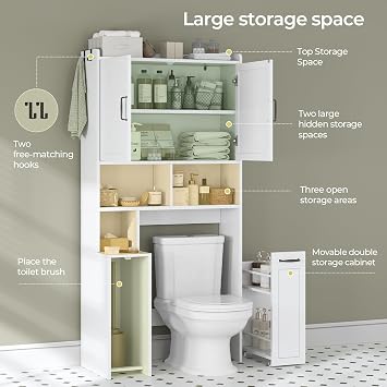 UPOSOJA Over The Toilet Storage Cabinet with Pulley Small Bathroom Storage Cabinet, Space Saver W/Adjustable Shelf & Open Shelf for Bathroom, Restroom, Laundry (White)