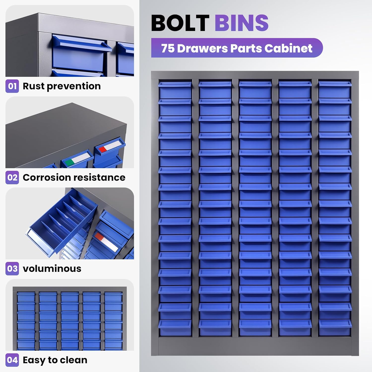 75 Drawers Nut and Bolt Organizer, Bolt and Nut Tool Storage Cabinet with Acrylic Adjustable Shelves & Label Stickers, Alloy Steel Parts Cabinet for Workshop Garage Organizer (36" H x 26" D x 9" W)