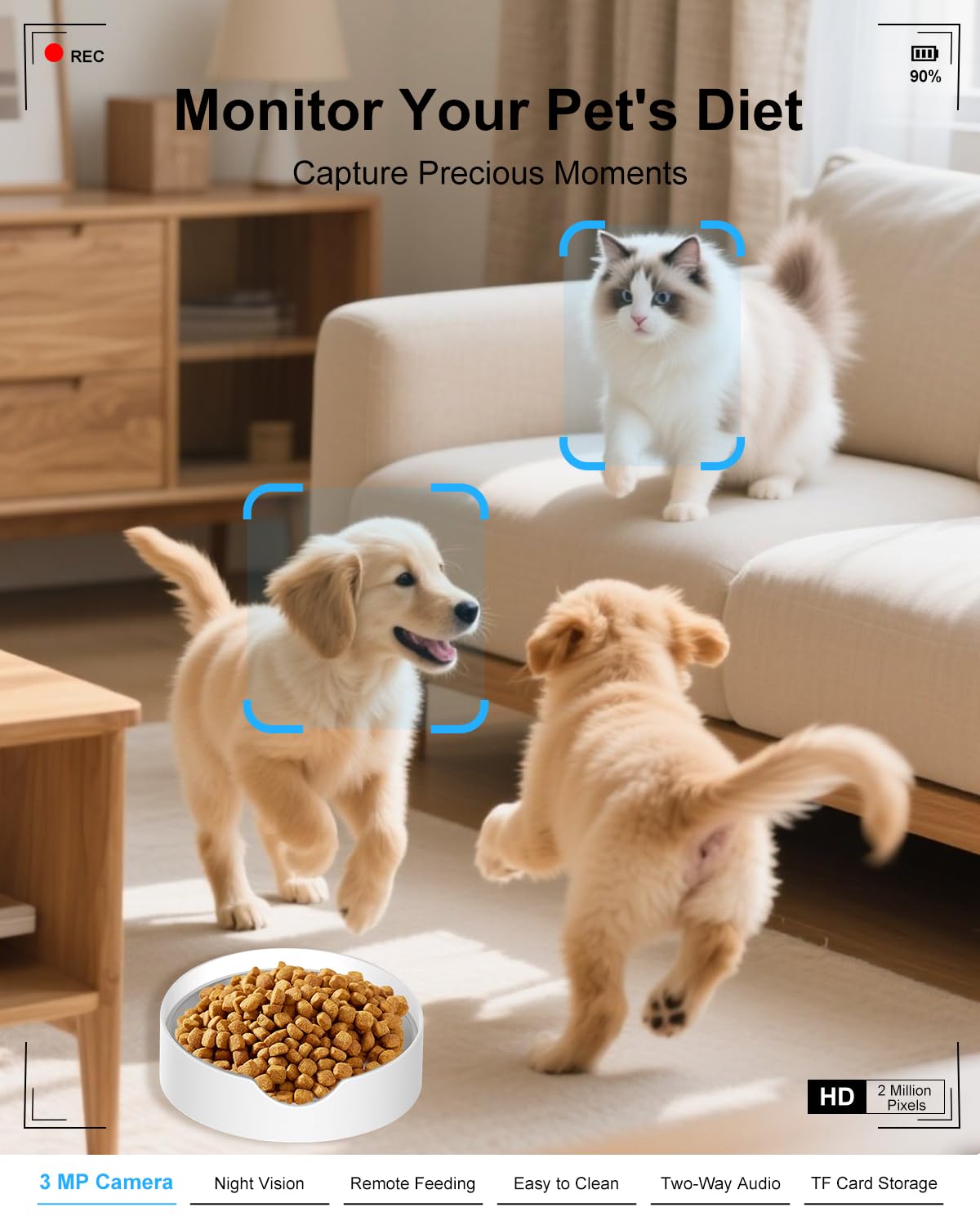 SANSCO Automatic Cat Feeder with Camera: Automatic Dog Feeder, 2K 3MP Video Recording Timed 2.4 & 5GHz WiFi App Control Pet Feeder Dispenser for Cat Dog, Rotates Up and Down, 4L - image 8