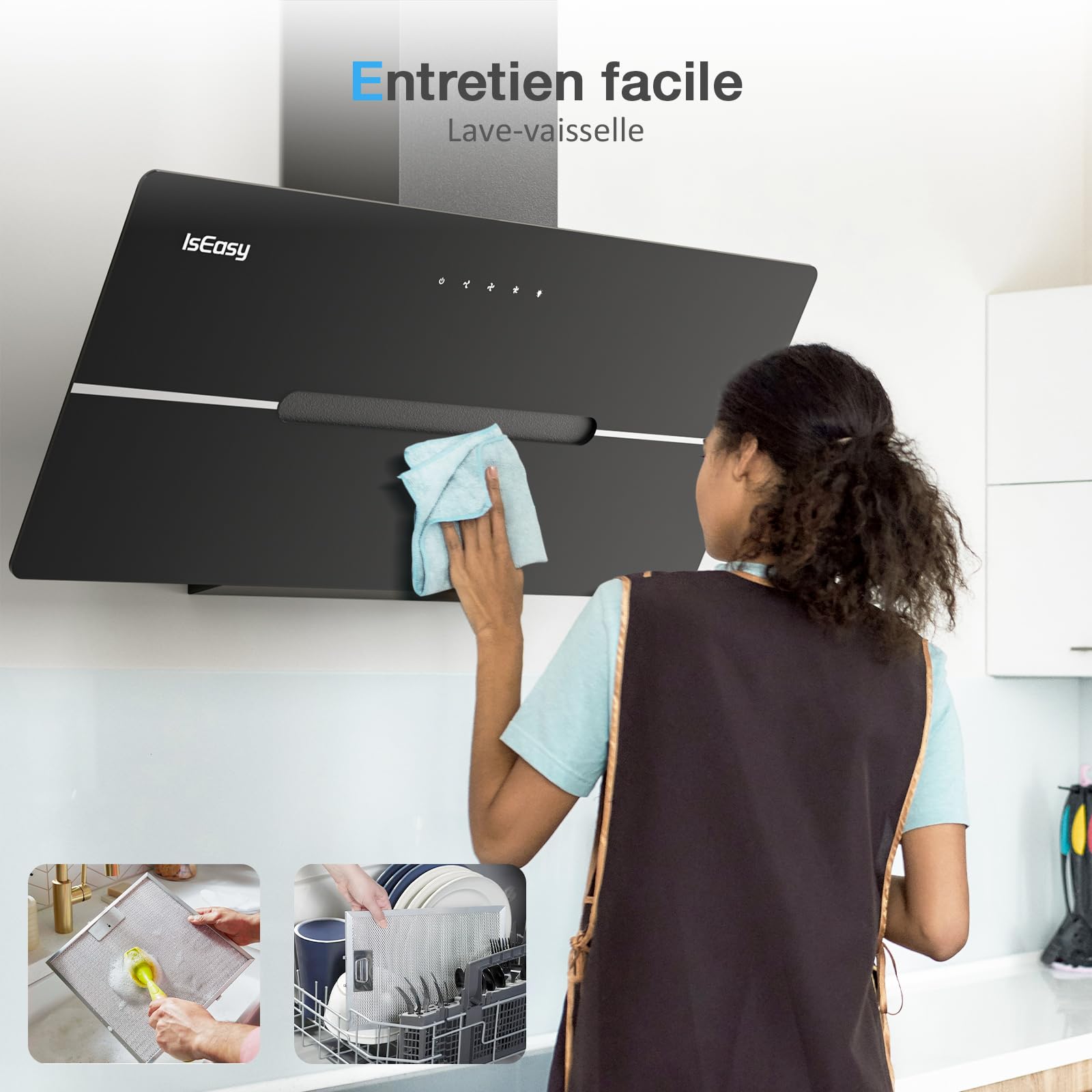 IsEasy Hotte Aspirante 90cm, Hotte de Cuisine Inclinées Noir, Classe A++, 578 m³/h, Evacuation ou Recyclage, 3 Vitesses, Eclairage à LED, 2 Filtres à Charbon