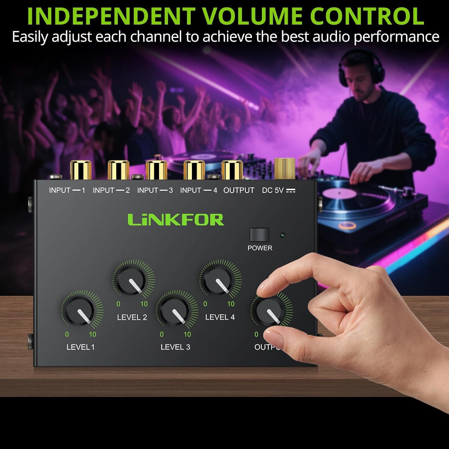 LiNKFOR 4 Channel Stereo Audio Mixer CX400 Metal Shell Support RCA Input and Output Mini Passive Stereo Mixer with Separate Volume Controls (4 Channel Stereo Mixer)