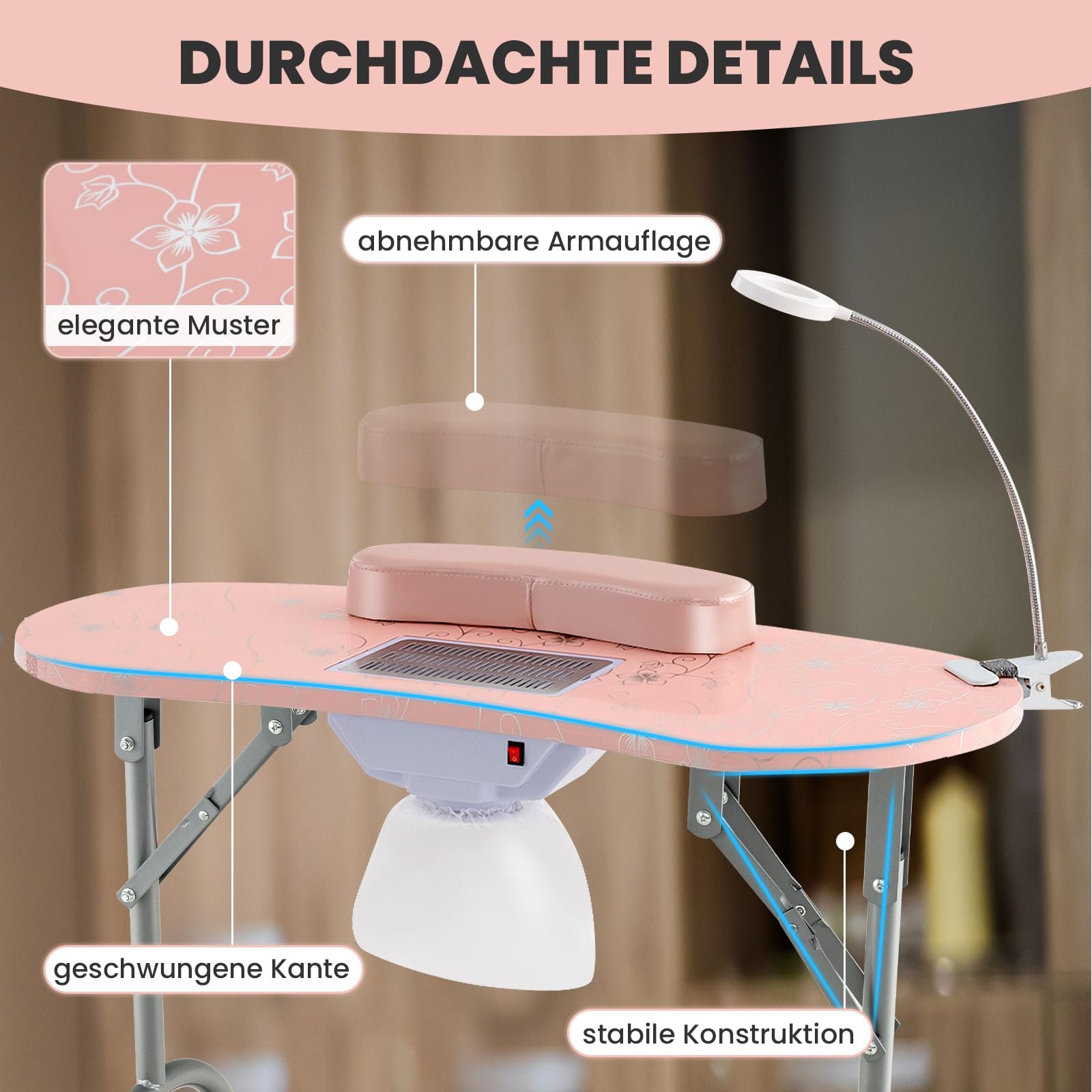 RELAX4LIFE Nageltisch, Maniküretisch mit Absaugung, Nagelstudio Tisch mit biegbarer LED-Lampe, faltbarer Manikürtisch mit 4 Rädern, Tragbare Maniküre-Tisch für Zuhause, Salon, Nagelstudio (Rosa)