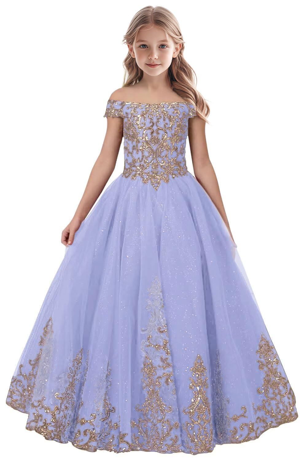 Tulle Flower Girl Dress for Wedding Off Shoulder Pageant Dresses for Girls Sparkly Appliques Ball Gown Dress Girls