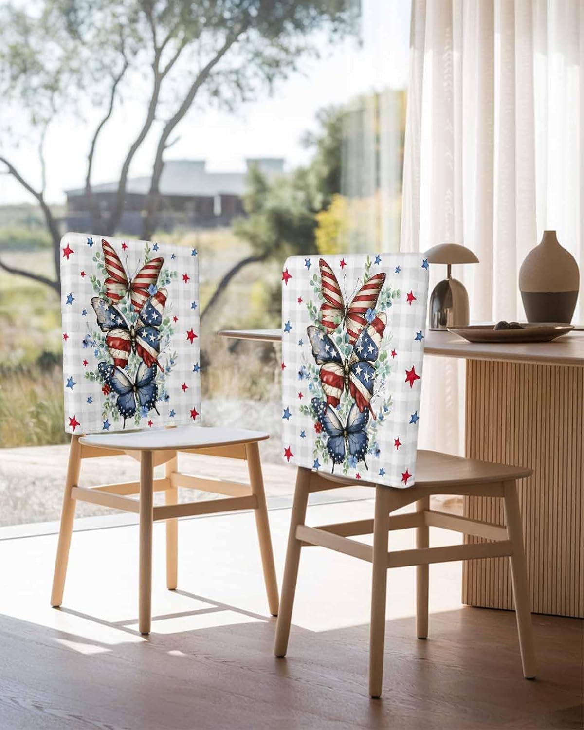 4th of July Chair Covers Set of 4 Red Blue Stars Butterfly Chair Slipcover Protector Stretch Chair Covers Eucalyptus Leaves Plaid Independence Day Chair Back Covers for Dining Chairs Kitchen Party