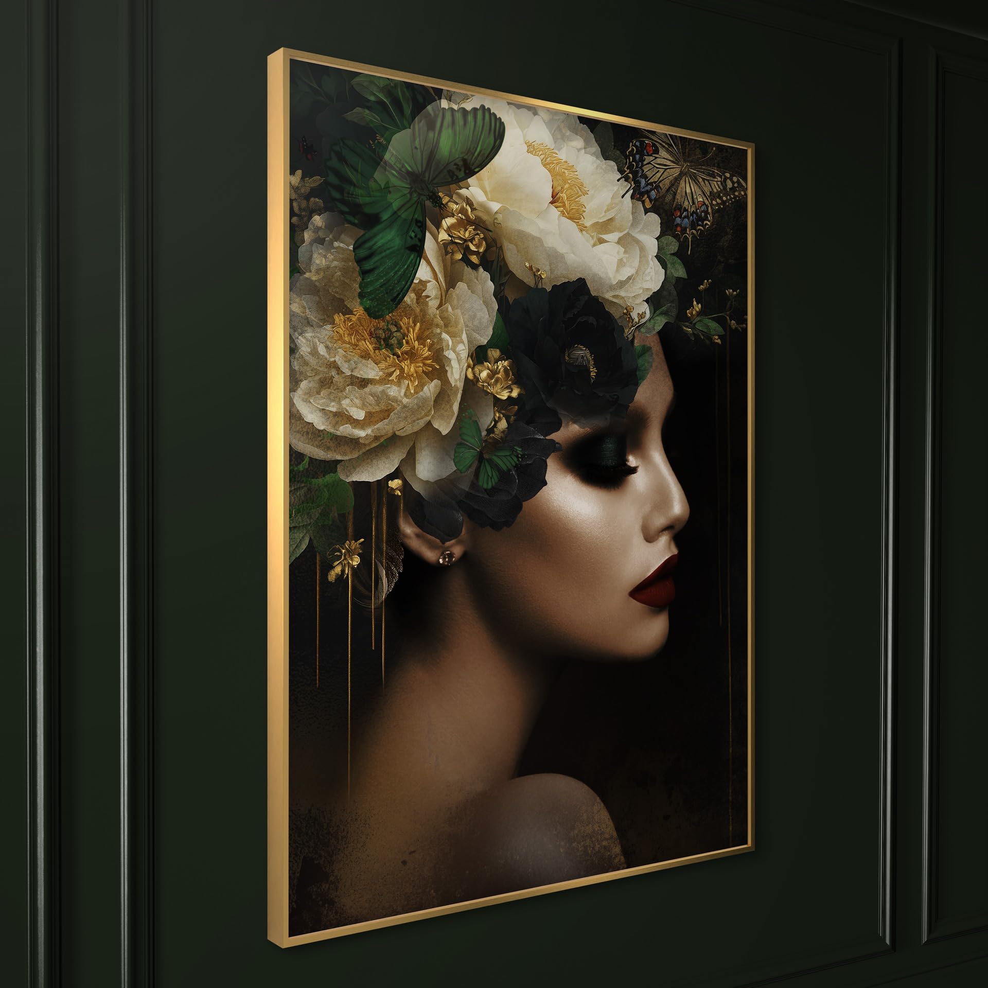 STYLER Bild Charlotte 50x70 cm (AUFHÄNGFERTIG) mit hochwertigem goldenen Rahmen – Frau mit Blumen – Exklusives Wandbild Modern Dekorativ Hochwertig Blumenkopf
