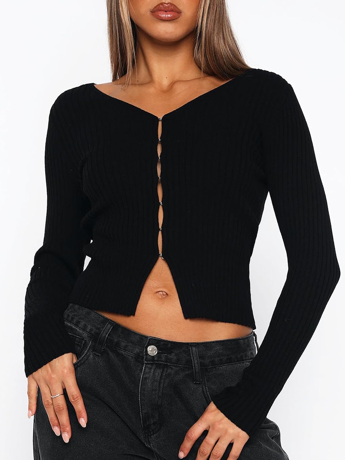 OZICERD V Neck Long Sleeve Going Out Top Y2k Ribbed Knit Hook Open Front Cropped Cardigan Sweaters for Women Lightweight Fall - Image 4